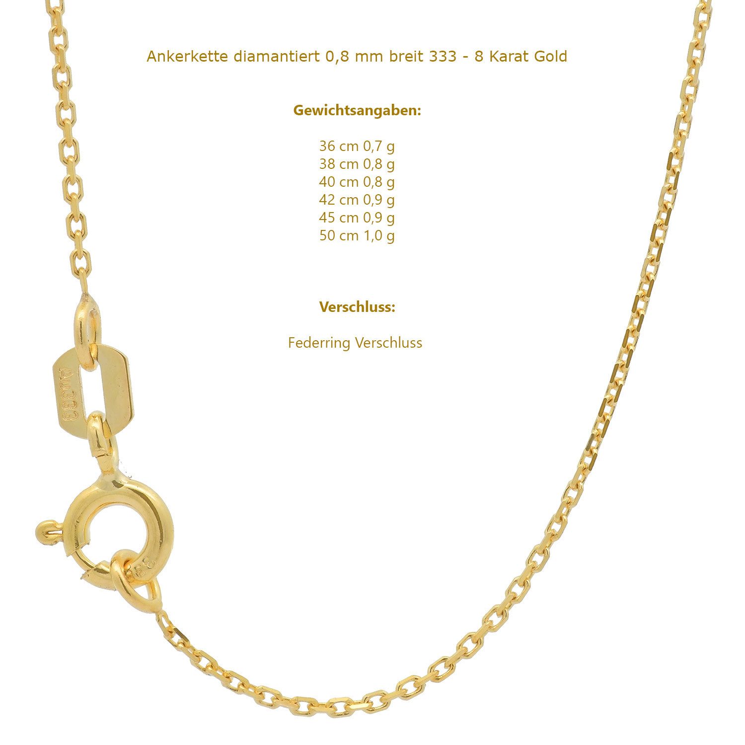 HOPLO Goldkette Goldkette Ankerkette diamantiert 333 - 8 Karat Gold 0,8 mm günstig online kaufen