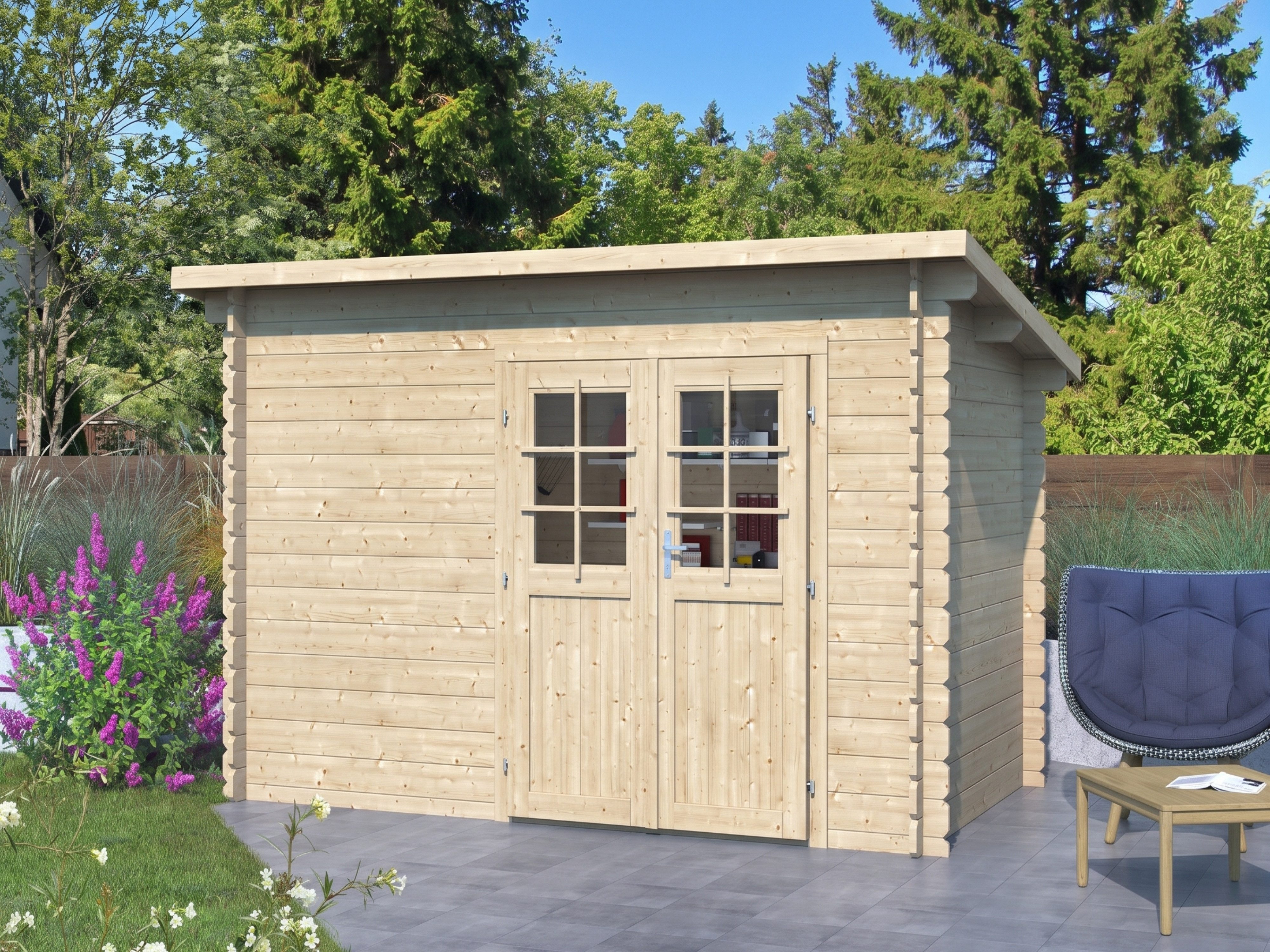 Woodtex Gartenhaus WOODTEX Gartenhaus Aras 34 mm, BxT: 368x210 cm, Holz-Gartenhaus mit Pultdach, ideal als Gerätehaus & Schuppen