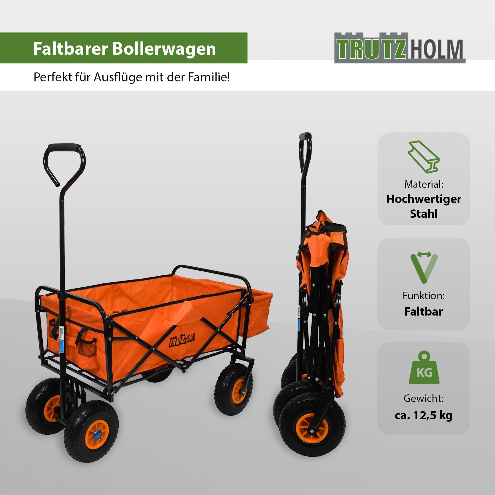TRUTZHOLM Bollerwagen faltbar mit Vollgummi Rädern, Hecktasche und Teleskopgriff orange