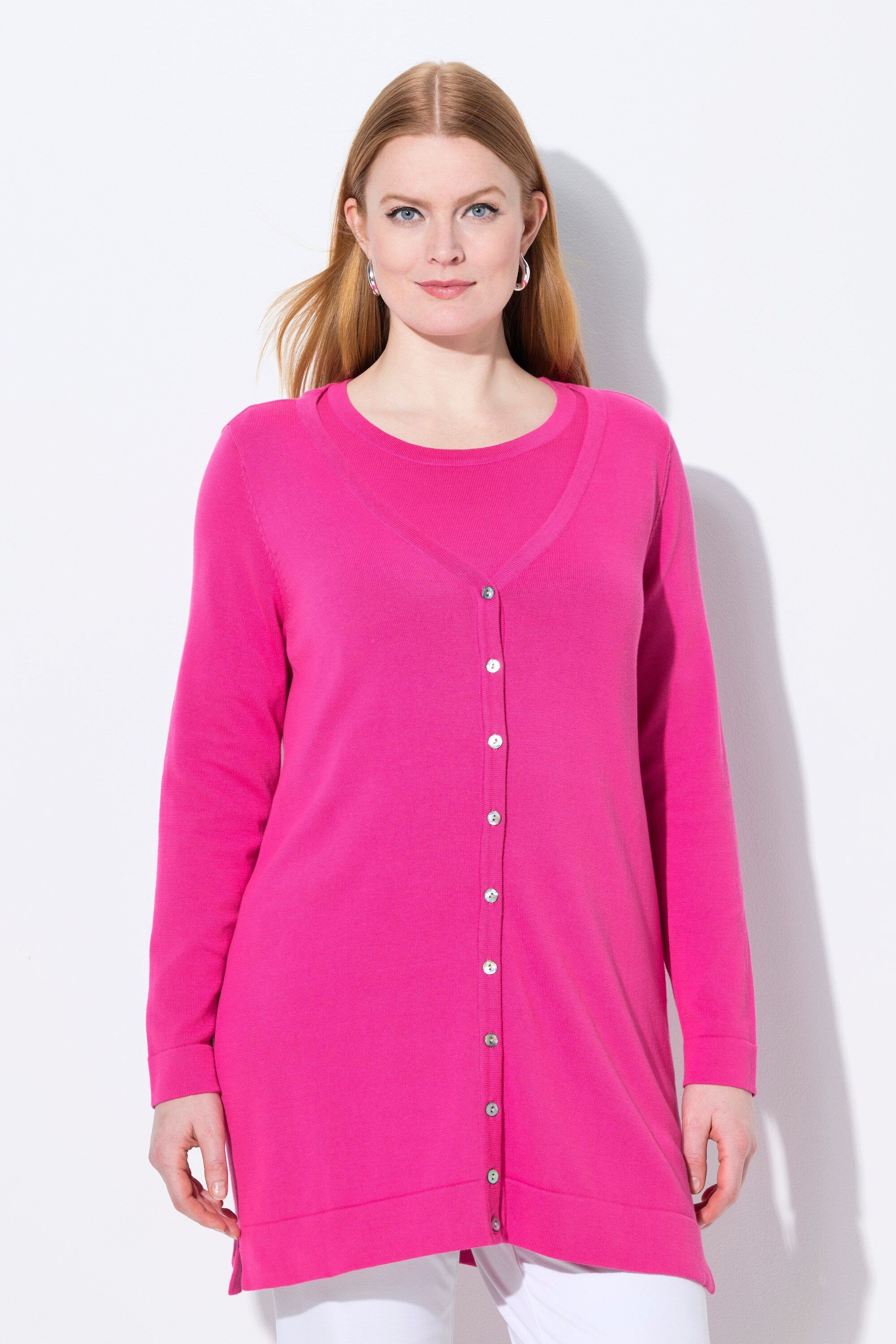 Ulla Popken Strickjacke Long-Strickjacke V-Ausschnitt Langarm Pima Cotton