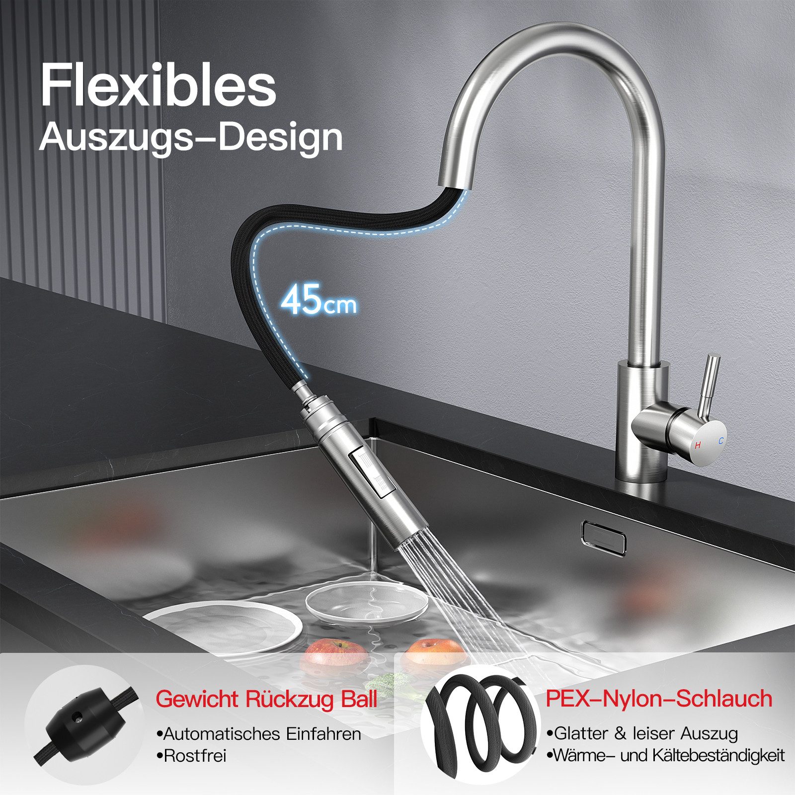 Rainsworth Küchenarmatur mit Brause Ausziehbar Zwei Wasserstrahlarten, 360° Drehung, Edelstahl, Einfache Installation – Bild 3 von 5