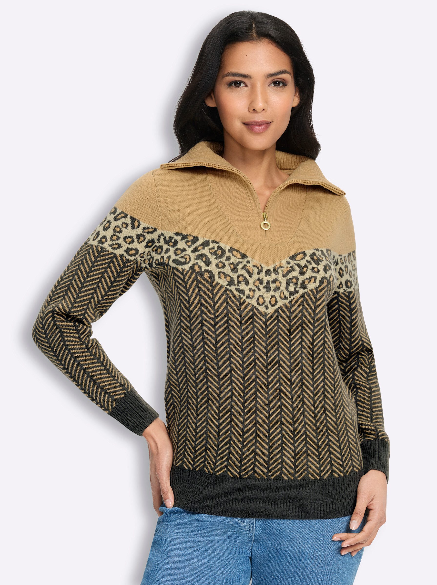 Strickpullover Troyer-Pullover Langarm Jacquard, Jersey