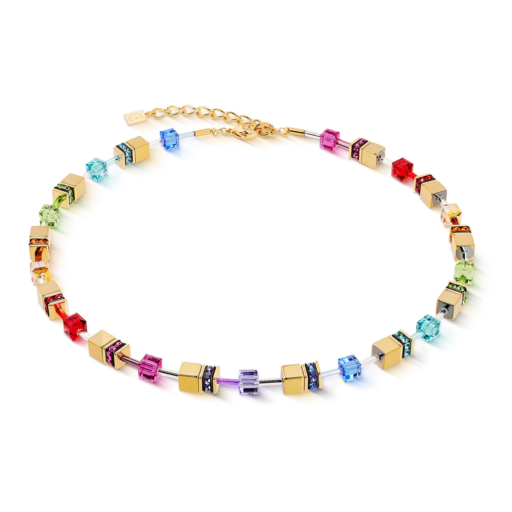 COEUR DE LION Collier Schmuck Edelstahl GeoCUBE® Iconic Metallic Rainbow Würfelkette, Made in Germany - mit Hämatit, Swarovski® Kristall, Strassstein
