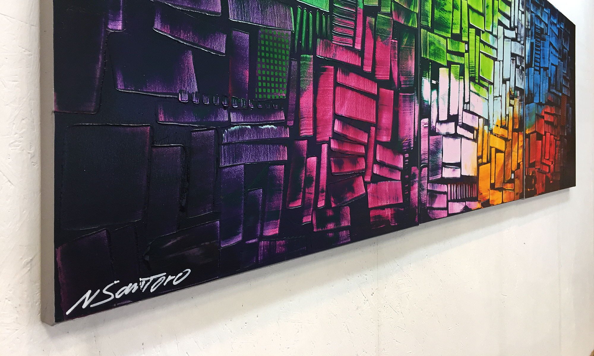 WandbilderXXL XXL-Wandbild Cubic Colors 210 x 70 cm, Abstraktes Gemälde, handgemaltes Unikat