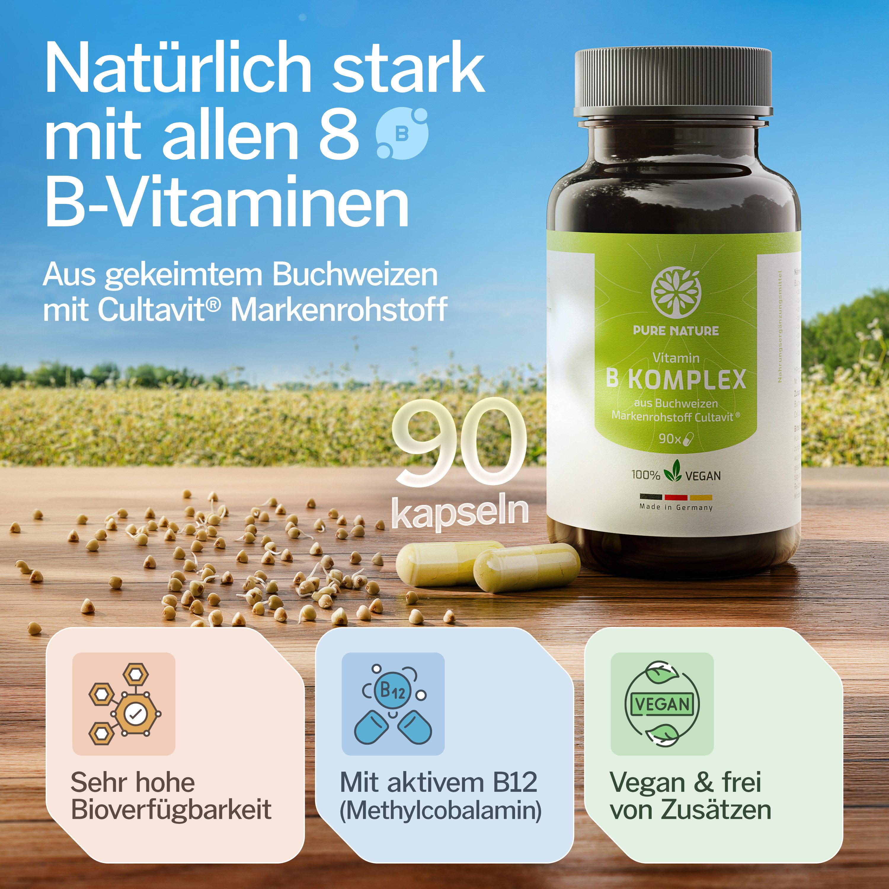 Pure Nature Vitamin B-Komplex rein aus Buchweizen - 1000 mg - 90 Kapseln Kapseln, 53 g
