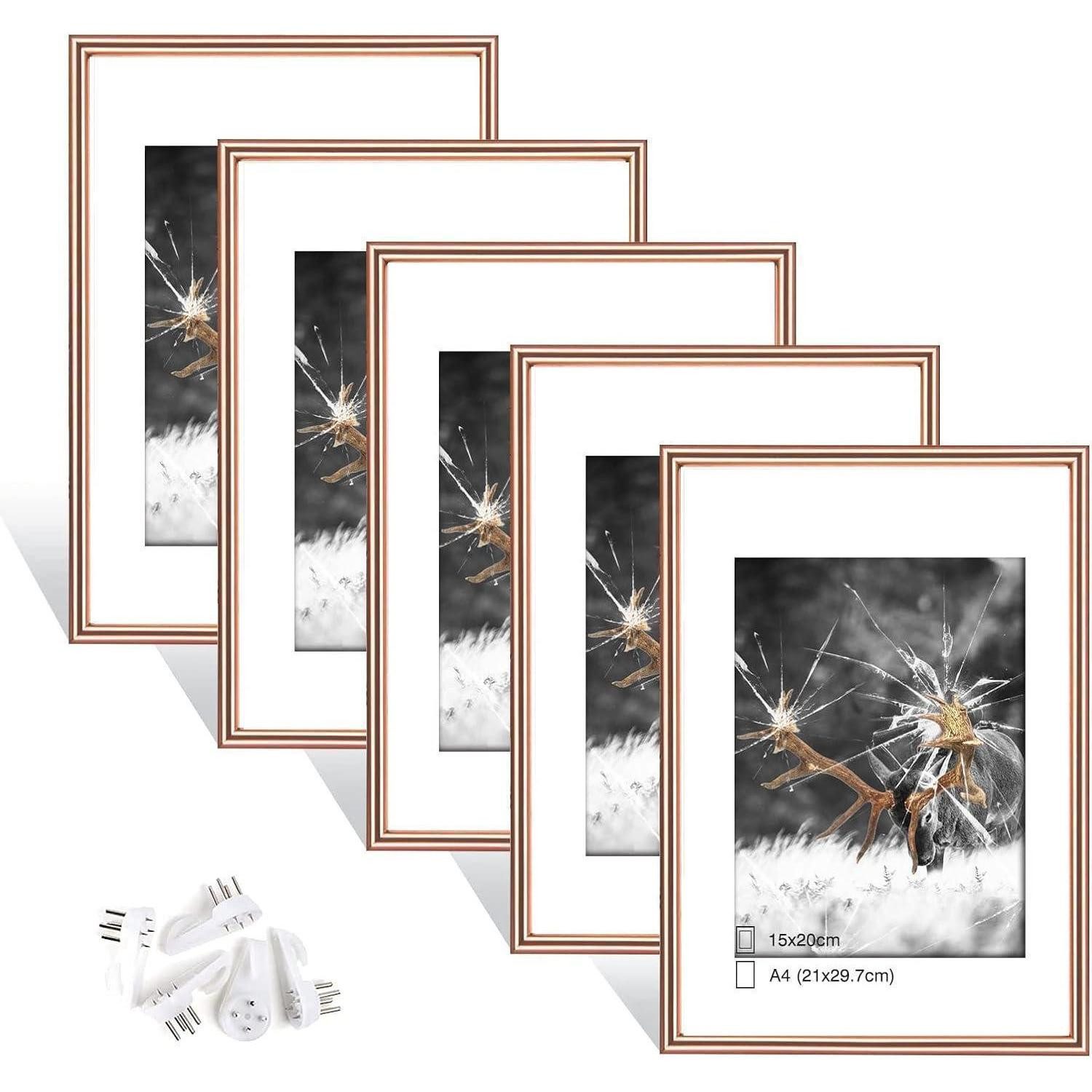 LuxusKollektion Bilderrahmen-Set 5er Set Gold Fotorahmen DIN A4 Plexi-Glas Rahmen Wohnzimmer Deko