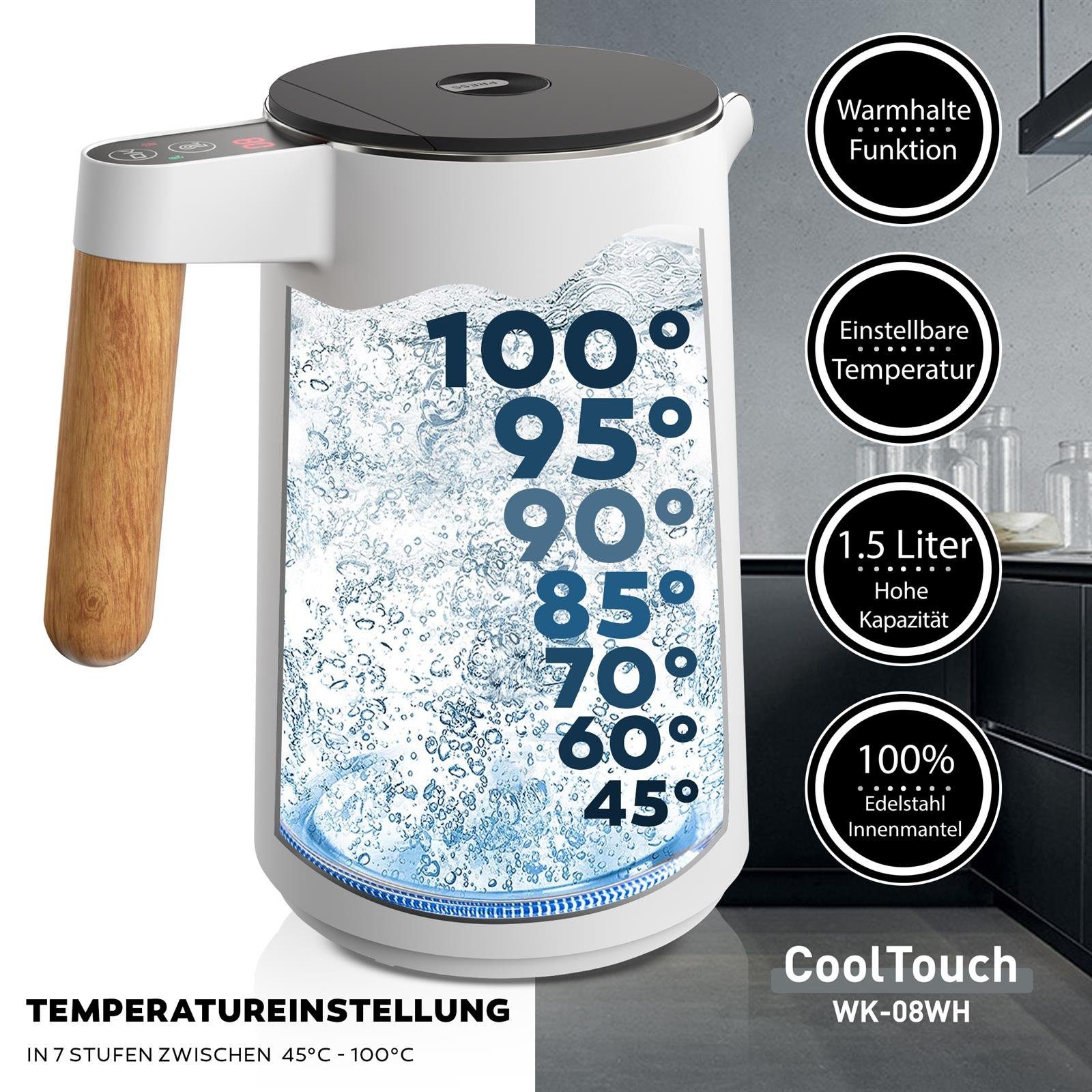 Edelstahl, Doppelwand, Wasserkocher Temperatureinstellung, 45°C-100°C, mit Balter 1.5L WK-08,