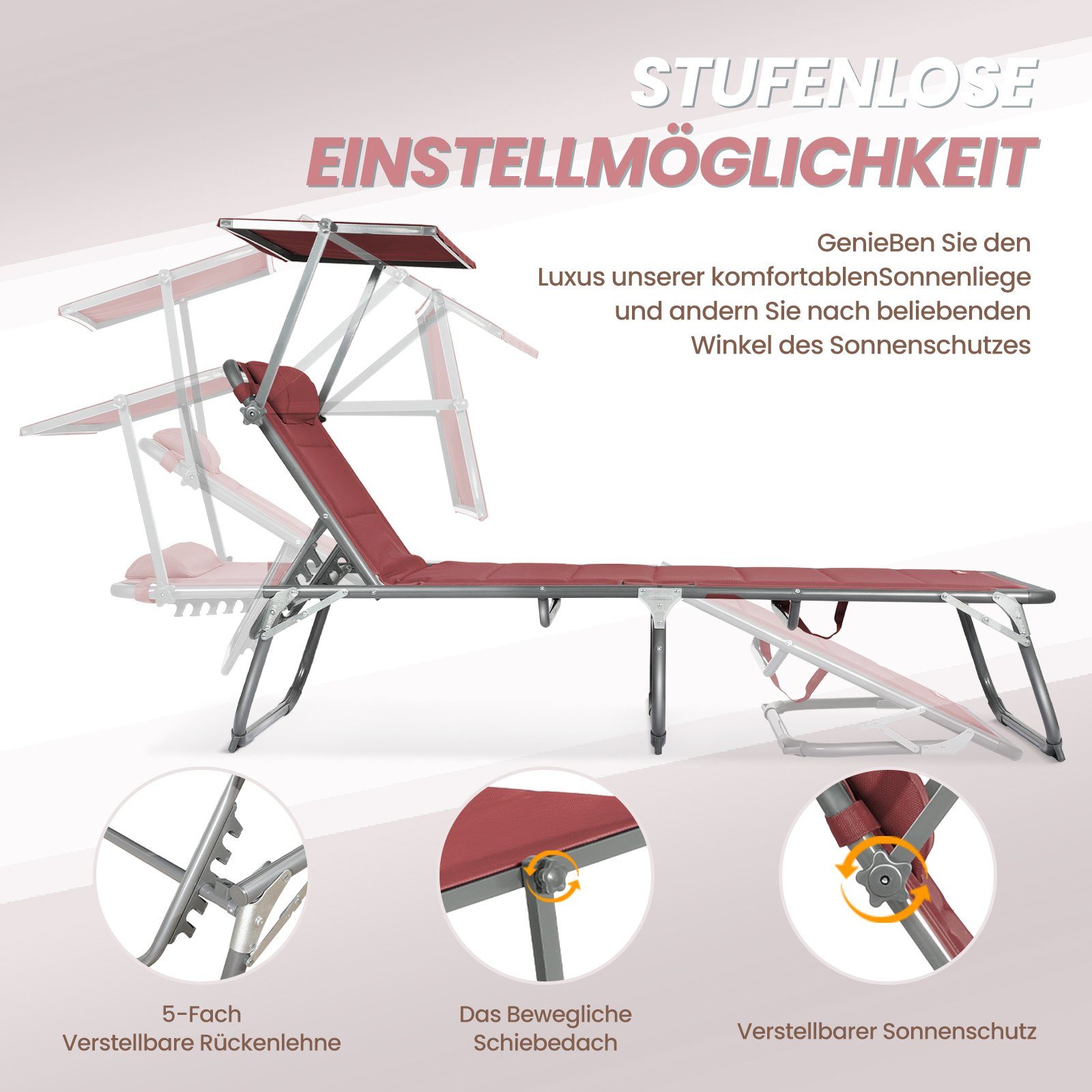 HOMECALL Gartenliege Sonnenliege AluLiege Liegestuhl Strandliege Liegen wetterfest, klappbar, Textilene Mit Dickemschnelltrocknende Schaumstoffpolsterung, Verstellbare Rückenlehne, Sonnenblende, Kopfpolster, bis 180KG