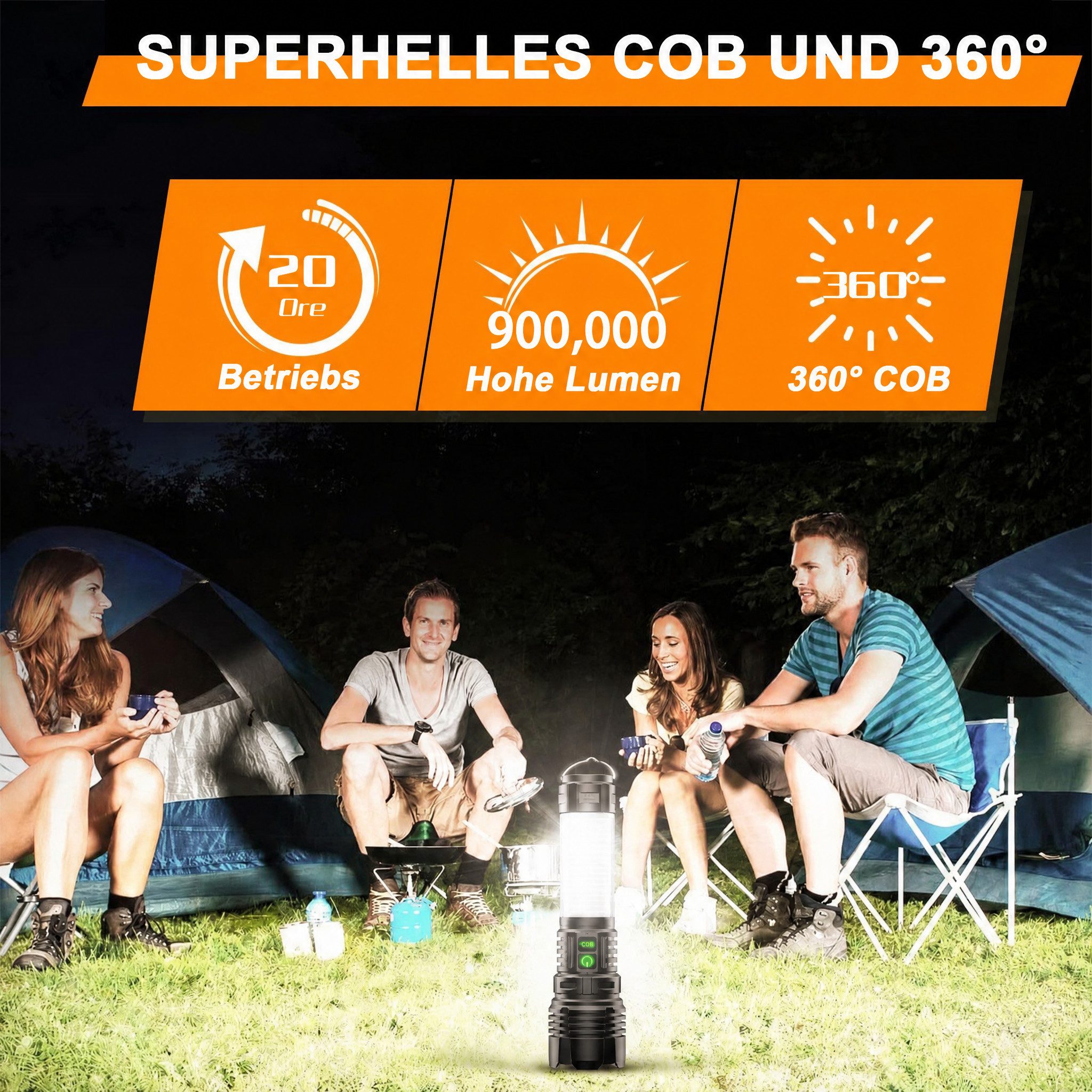 FOSMET LED Taschenlampe LED Taschenlampe Extrem Hell 900,000 Lumen, 5000 mAh Zoombar Handlamp (5 Lichtmodi,Handlamope, USB Aufladbar Taktische Taschenlampen, Multifunktionale Campingbeleuchtung,IP67 wasserdicht,Zoomfunktion), 5 Lichtmodi: High, Medium, Low, Strobe und SOS.