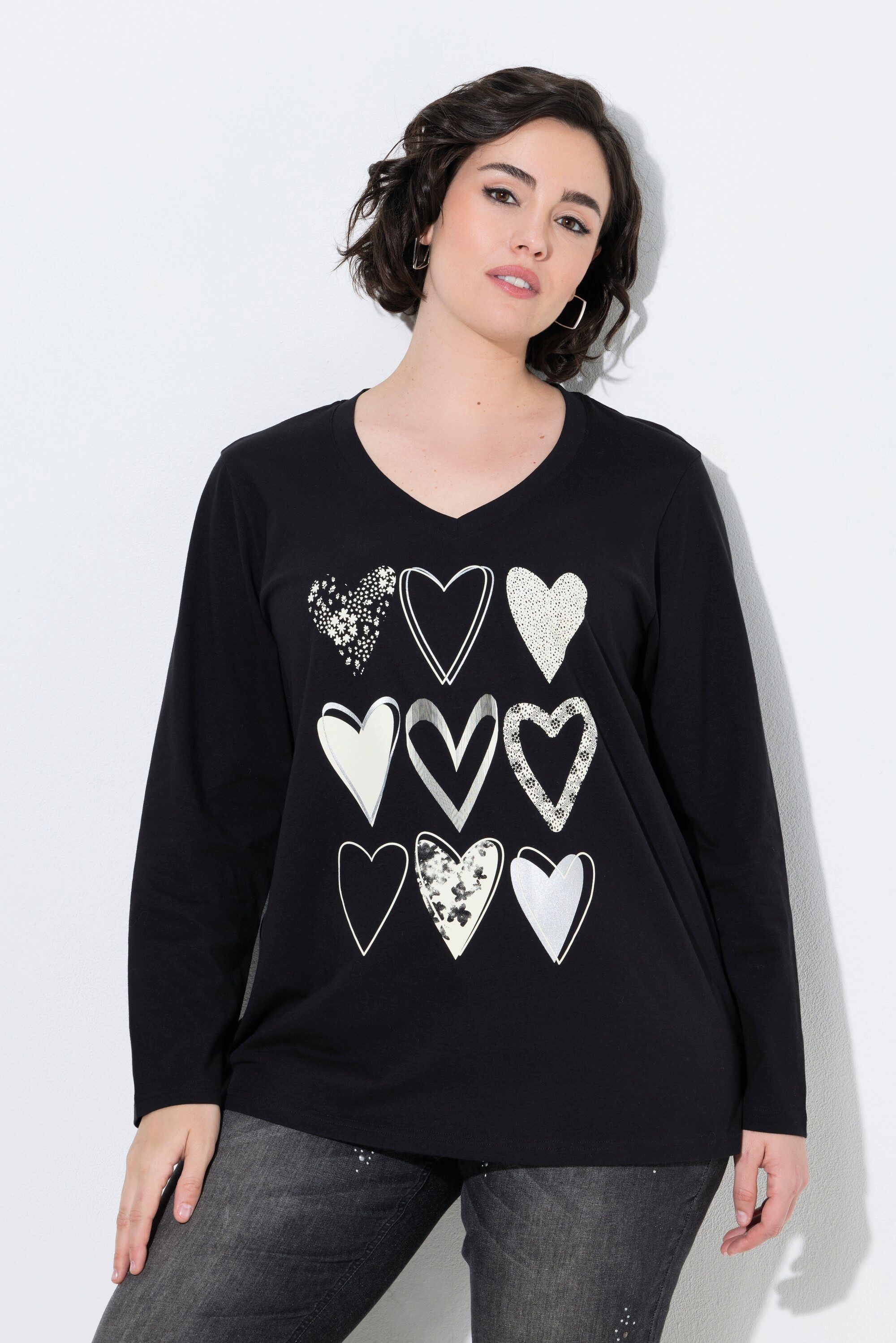 Ulla Popken Longshirt Langarmshirt Herzmotiv V-Ausschnitt Langarm