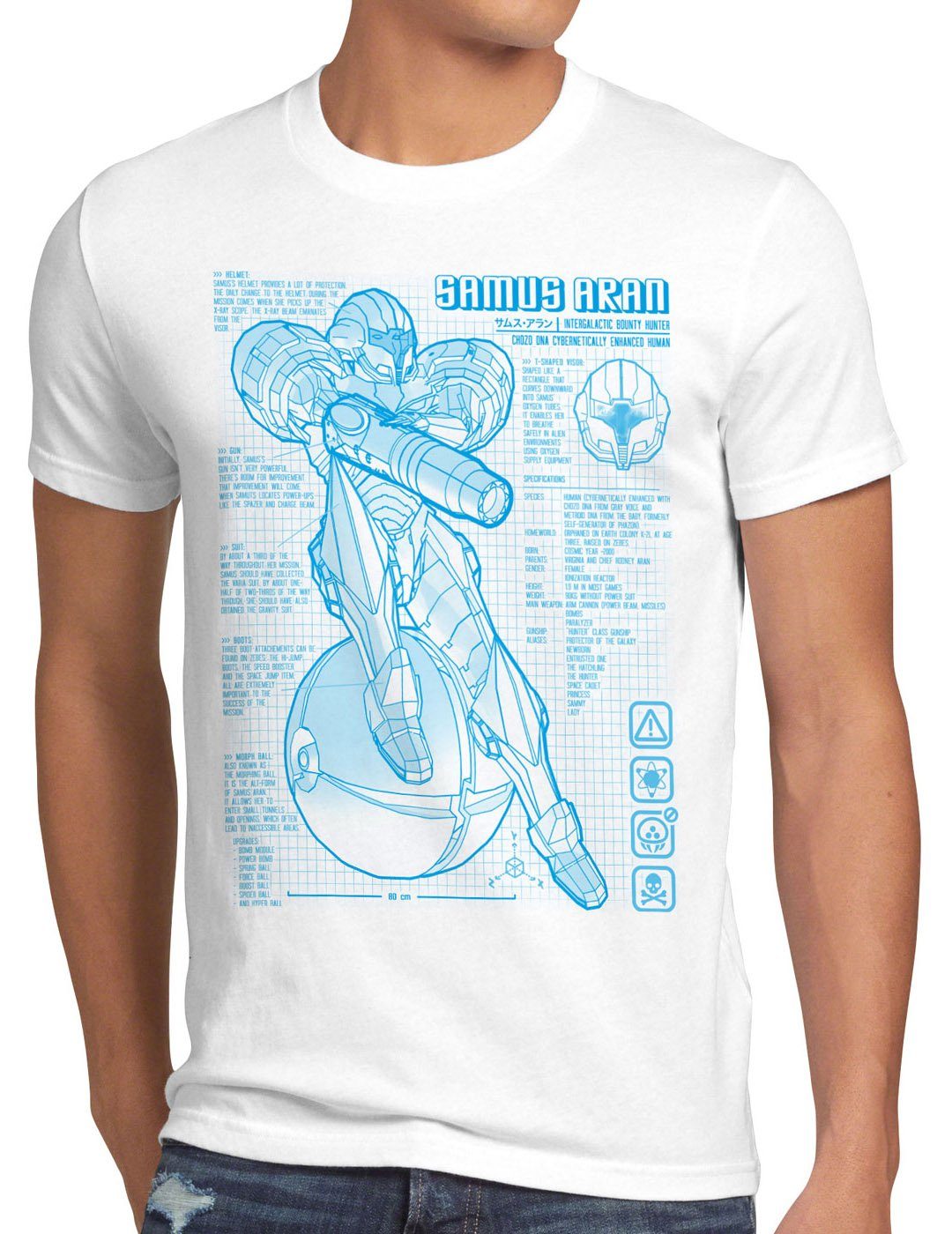style3 Print-Shirt Herren T-Shirt Samus Blaupause metroid nerd gamer nes snes switch weiß