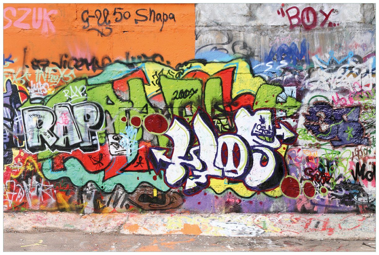 Wallario Vliestapete RAP-Graffiti- Wand mit verschiedenen Tags, seidenmatte Oberfläche