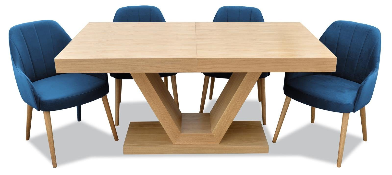 Beautysofa Sitzgruppe KLARA, (Eichenfurnier + Lack, modernes Set mit ausziehbare Tischplatte 160 - 210 cm), mit 4x gepolsterte Stühle mit Velourstoff Marineblau (kronos 09)