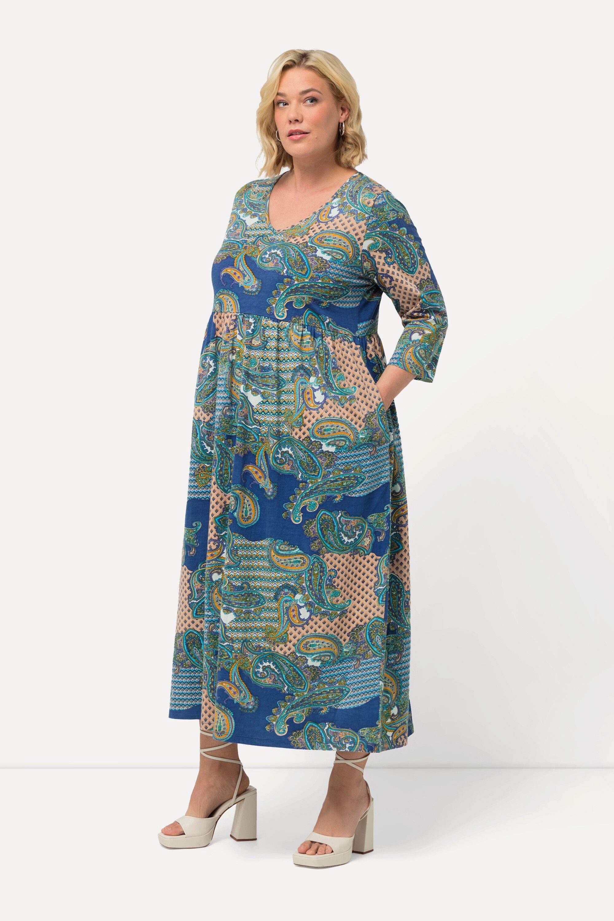 Maxikleid Jerseykleid Paisleymuster A-Linie V-Ausschnitt