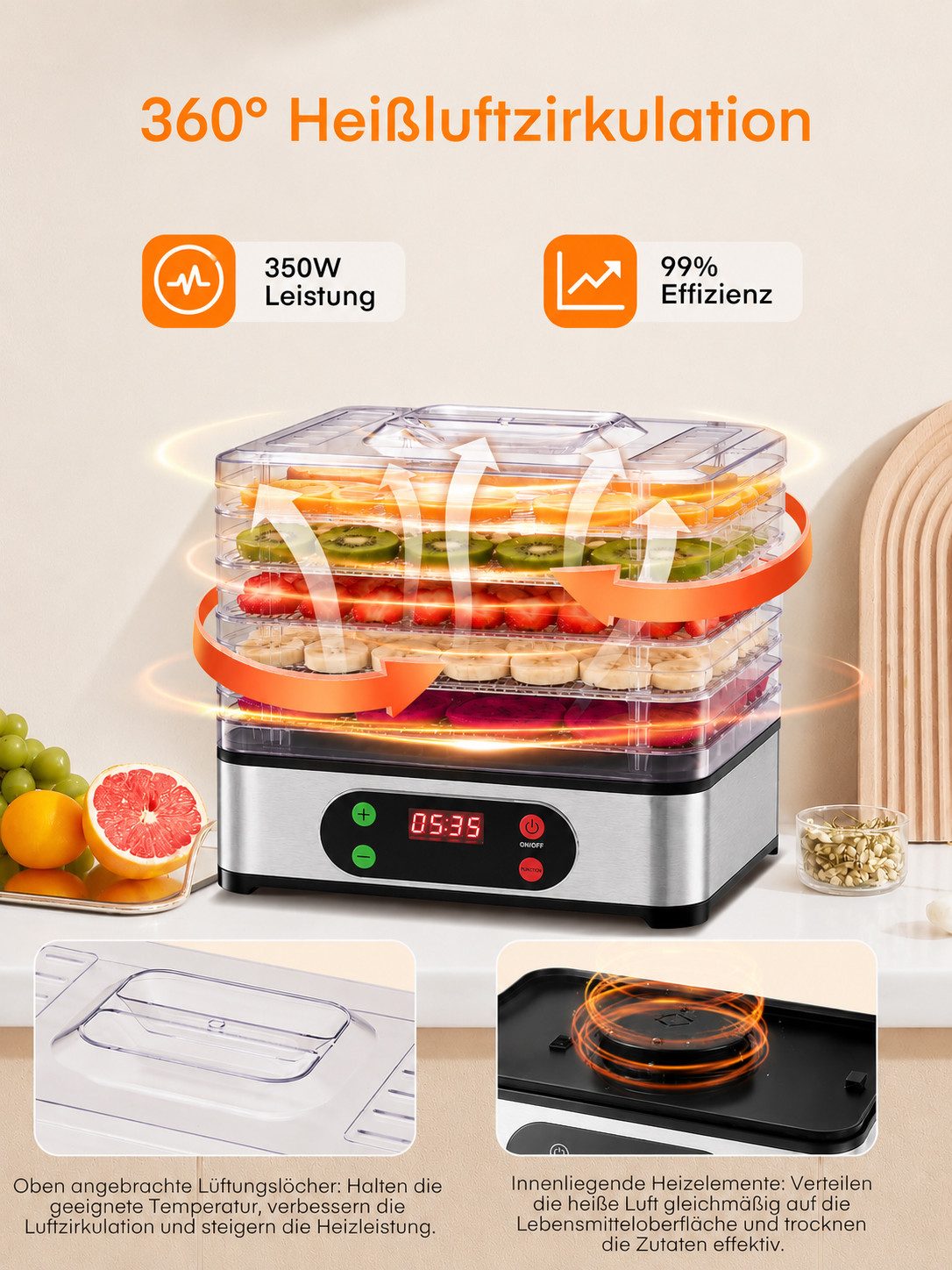 wohnTRAUM24 Dörrautomat Dörrgerät mit Temperaturregler, 72h-Timer, 5 Einlegefächer, 35-70°C 350 W, 5 Etagen, BPA-frei, Spülmaschinengeeignete Teile, für Obst, G – Bild 4 von 5