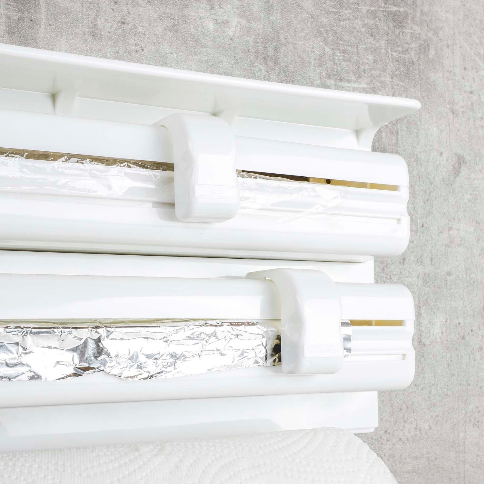 HAC24 Küchenrollenhalter 3in1 Küchenrollenhalter für Alufolie Frischhaltefolie Küchenrolle Weiß, (1-St), mit Folienschneider