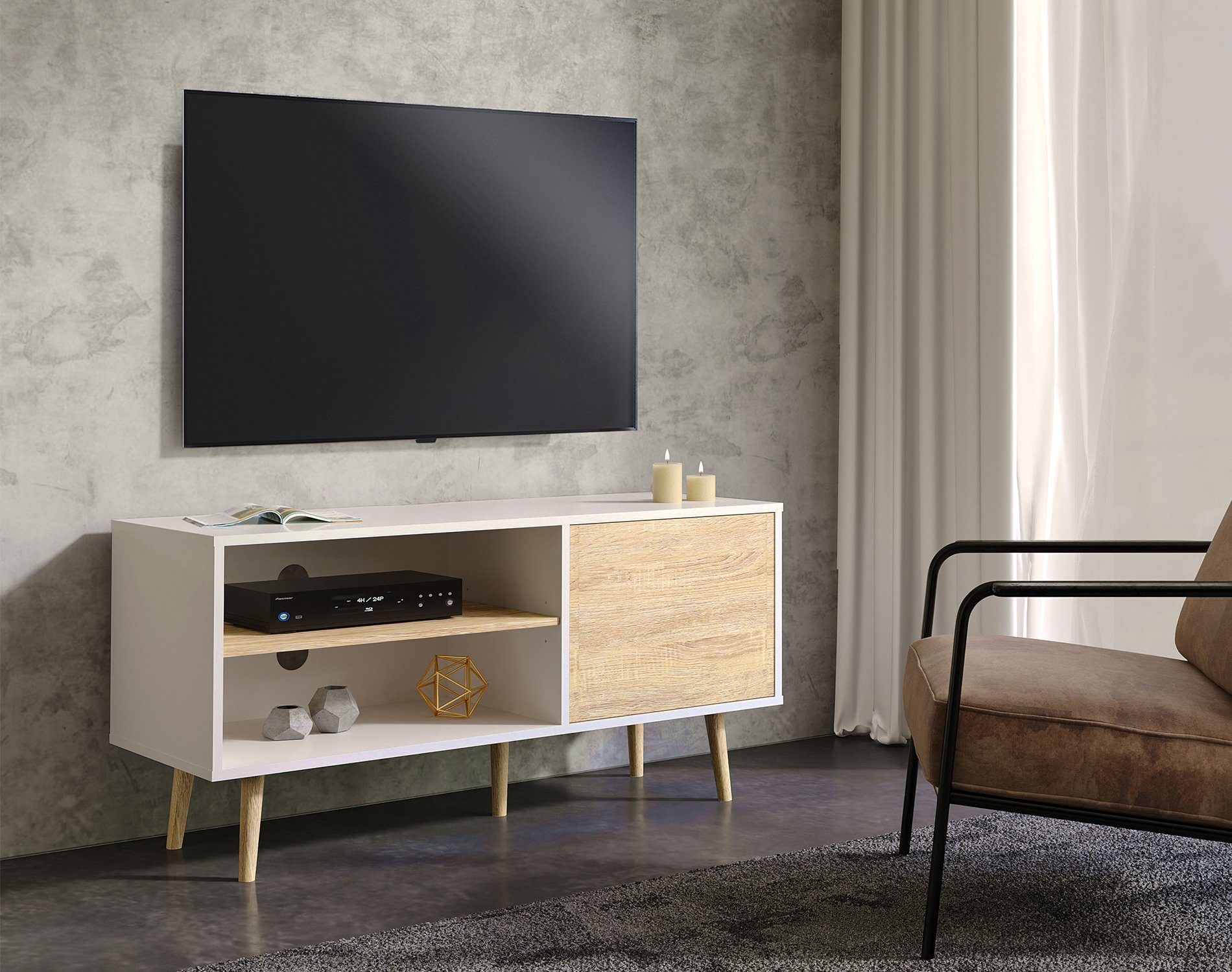 und Lowboard Türen Eiche) und Regal TV Weiß Design TV-Schrank (Skandinavisch mit Verstellbare WAMPAT