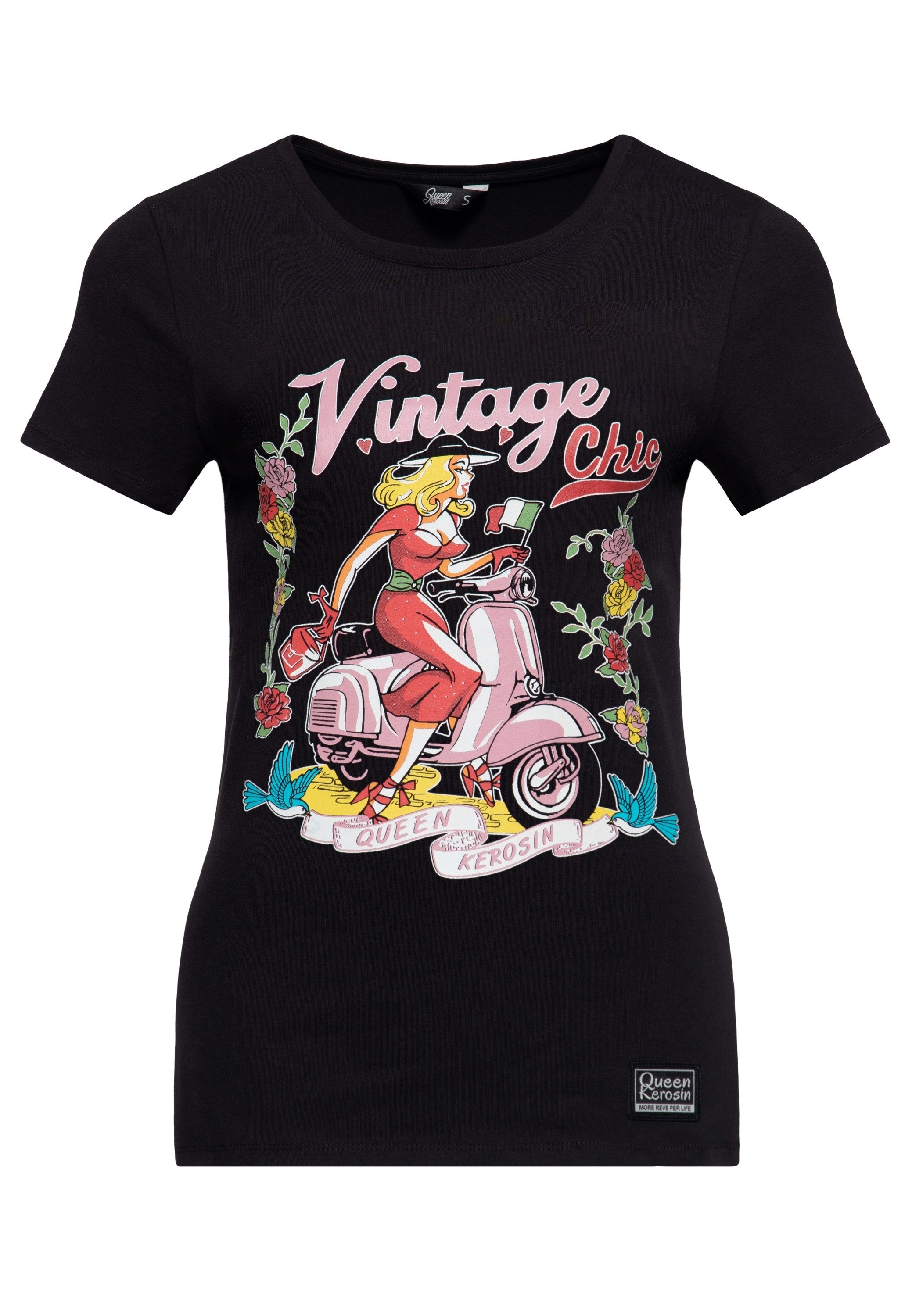 QueenKerosin Print-Shirt Vintage Chic (1-tlg) Farbiger Frontprint mit Pin-up auf Motorroller, Rosen und Schwalben