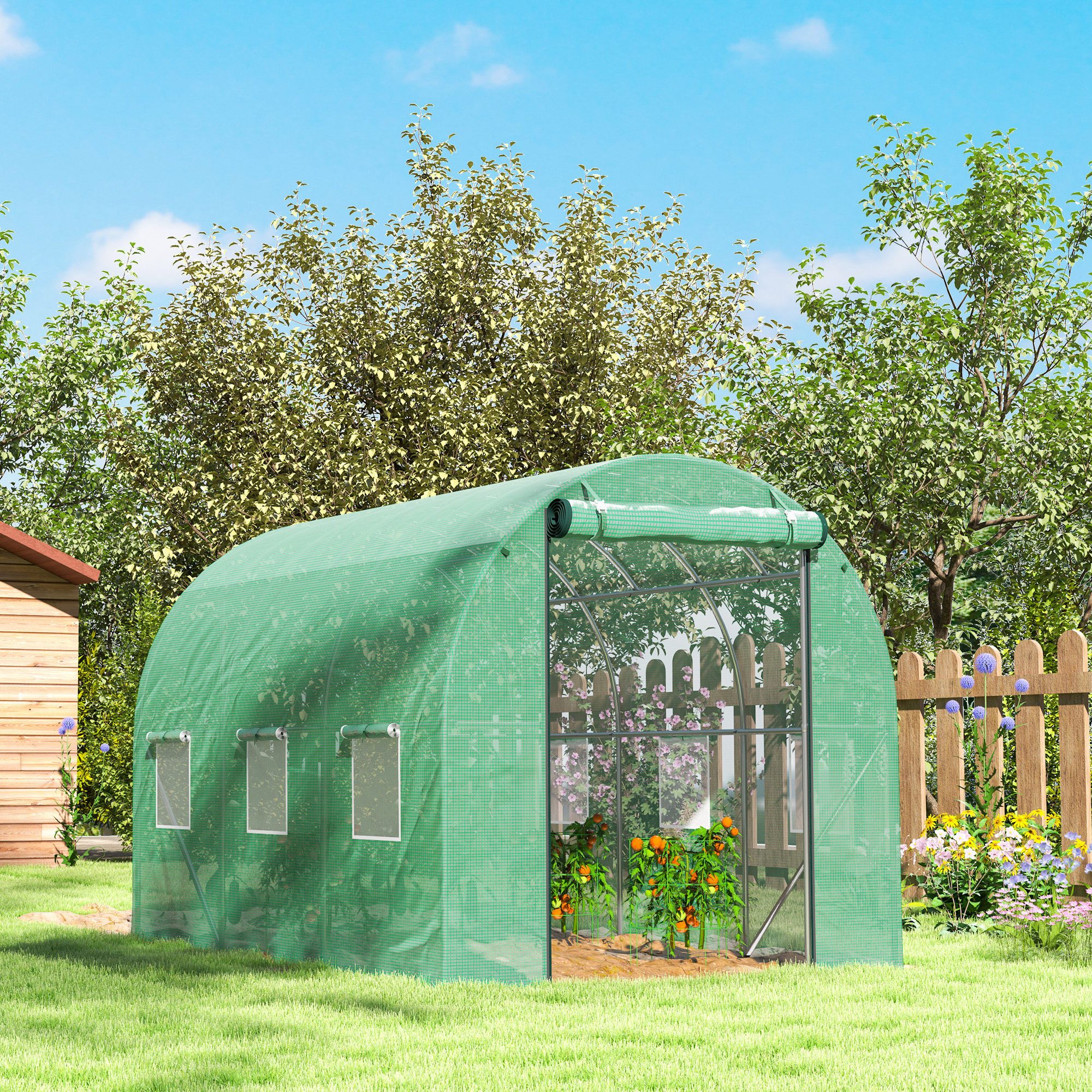 CHICFURN Gewächshaus Polytunnel Pflanzenzelt begehbar mit Stahlrahmen Grün, BxTxH: 200 x 300 x 195 cm, Packung, Kunststoff-Abdeckung mit Rolltüren für einfache Nutzung, Geeignet für Garten und Gemüse- sowie Pflanzenanzucht
