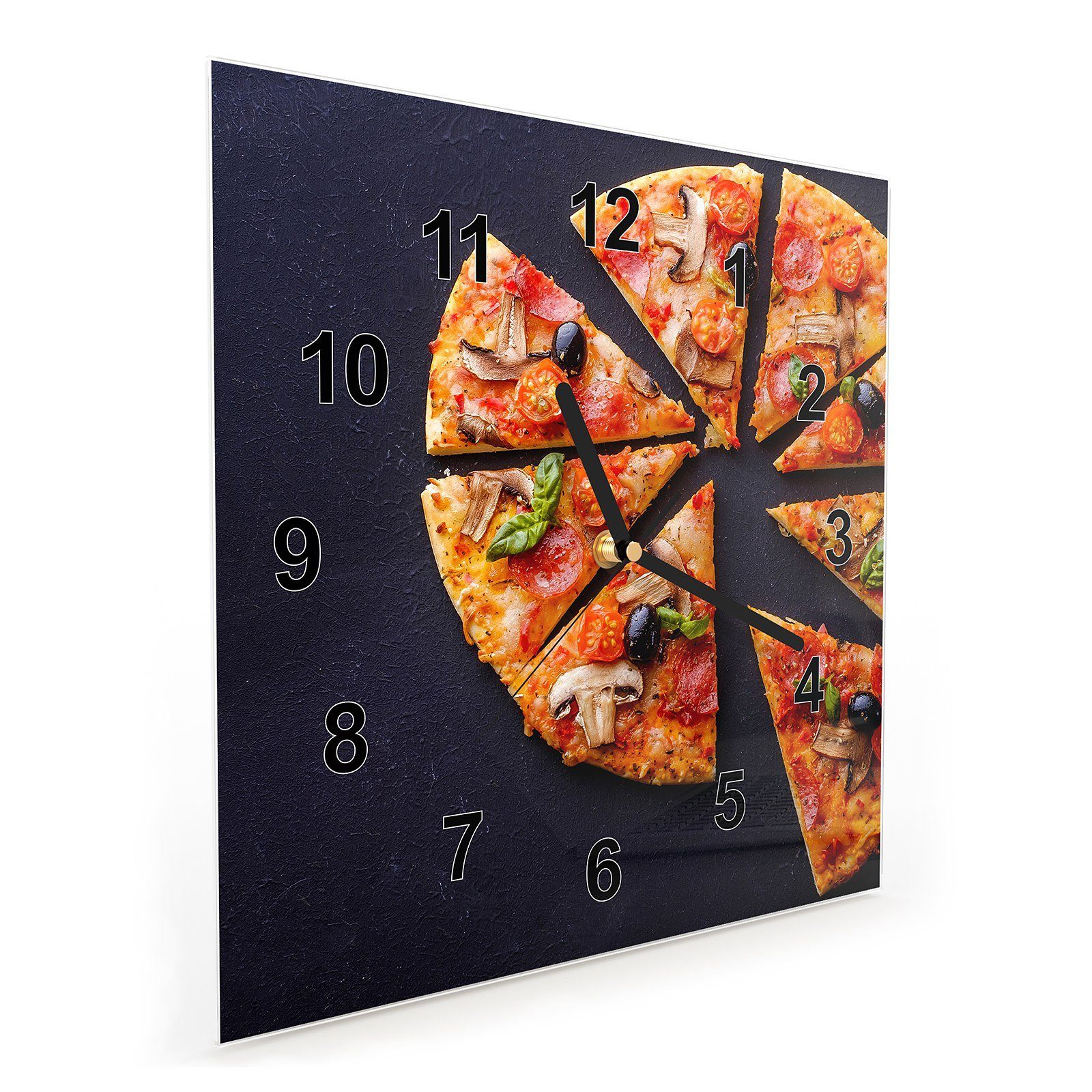 Wandkunst cm Größe Primedeco 30 Pizzadreiecke Motiv mit Wanduhr Glasuhr Wanduhr x 30