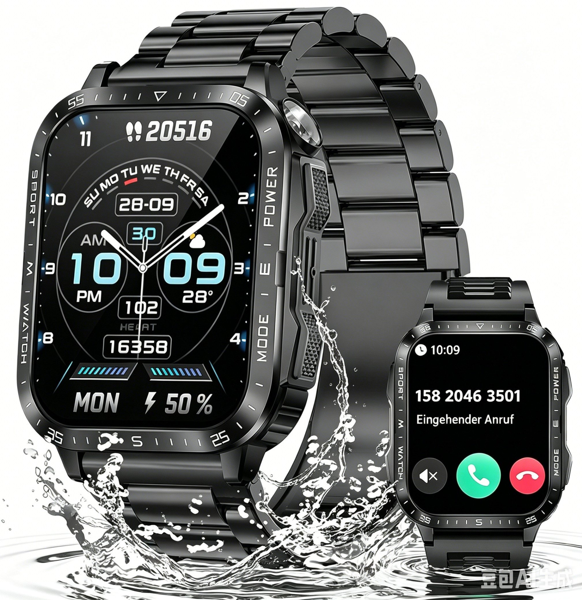 Fyrove Outdoor Herren Fitnessuhr mit Telefonfunktion Smartwatch, 1,96 Zoll Fitnessuhr, Bluetooth 5.3, LED-Taschenlampe, 3 ATM, 2 Armbänder, Sportuhr für Android iOS
