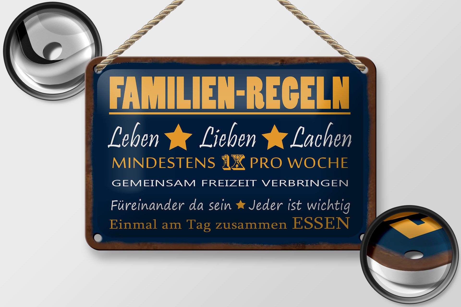 Femer GmbH Metallschild Spruch 12x18 cm Familien Regeln Einmal zusammen essen, (1 St), gewölbte Oberfläche, abgerundete Ecken, umgeschlagene Kanten