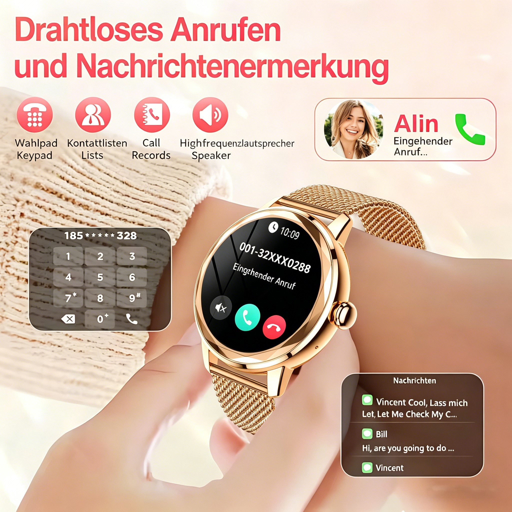 Vornix 2026 Neues Smartwatch Damen, Fitness Uhr mit Anruffunktion Smartwatch Smartwatch (Fitnessuhr mit Telefonfunktion/WhatsApp Notiz,Smartwatch Fitness Tracker Uhr IP68 Wasserdicht,1.2" HD Voll Touchscreen Fitnessuhr Tracker mit Blutsauerstoff/Pulsmesser/Sportuhr/Schrittzähler/Schlafmonitor Aktivitätstracker usw für iOS/Android Uhren Watch cm)