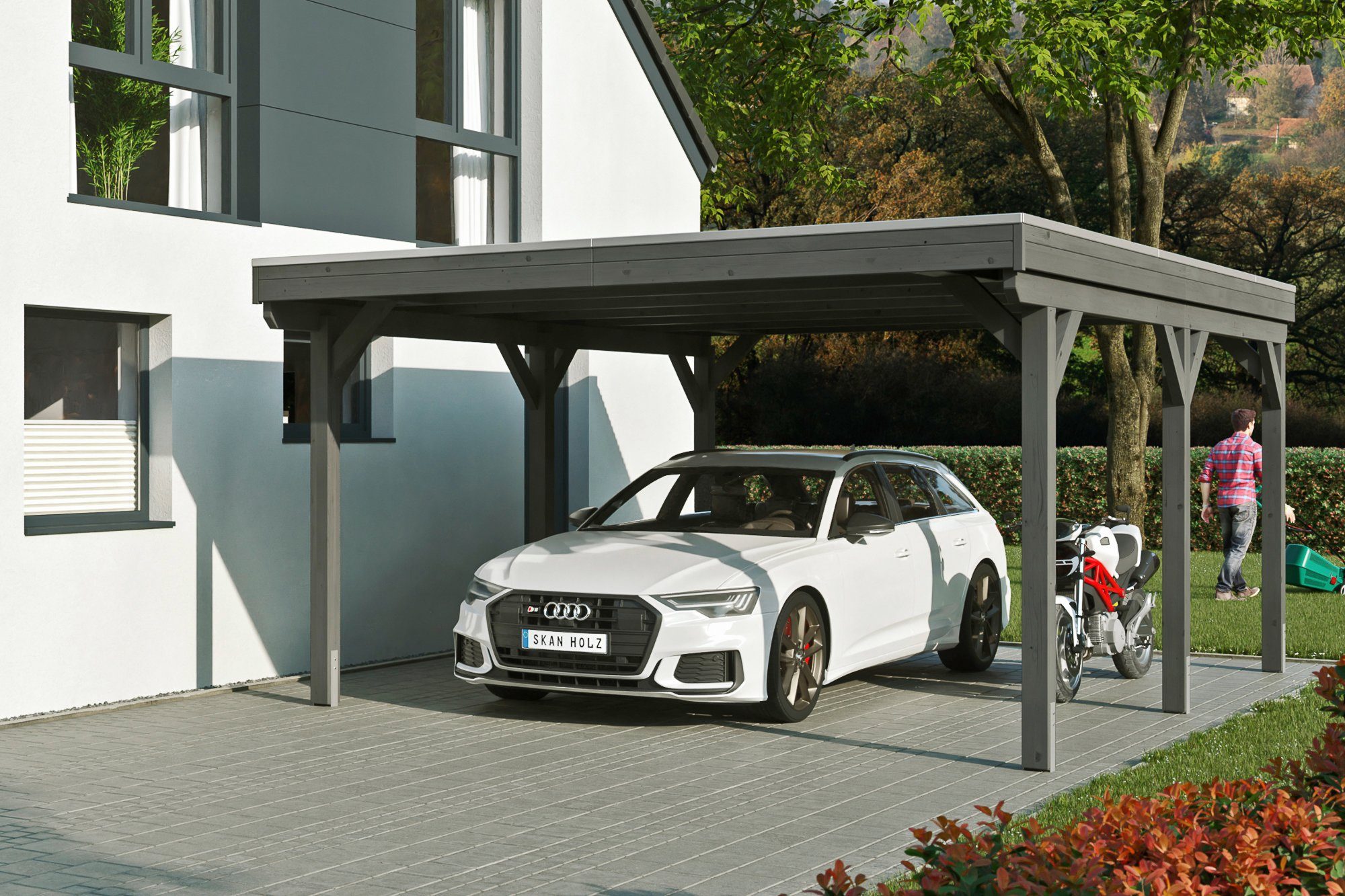 Skanholz Einzelcarport Grunewald, BxT: 427x554 cm, 395 cm Einfahrtshöhe, mit Aluminiumdach