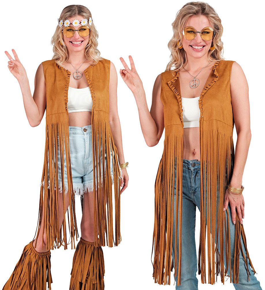 Karneval-Klamotten Hippie-Kostüm Damen Flower Power Weste lang mit Fransen, günstig online kaufen