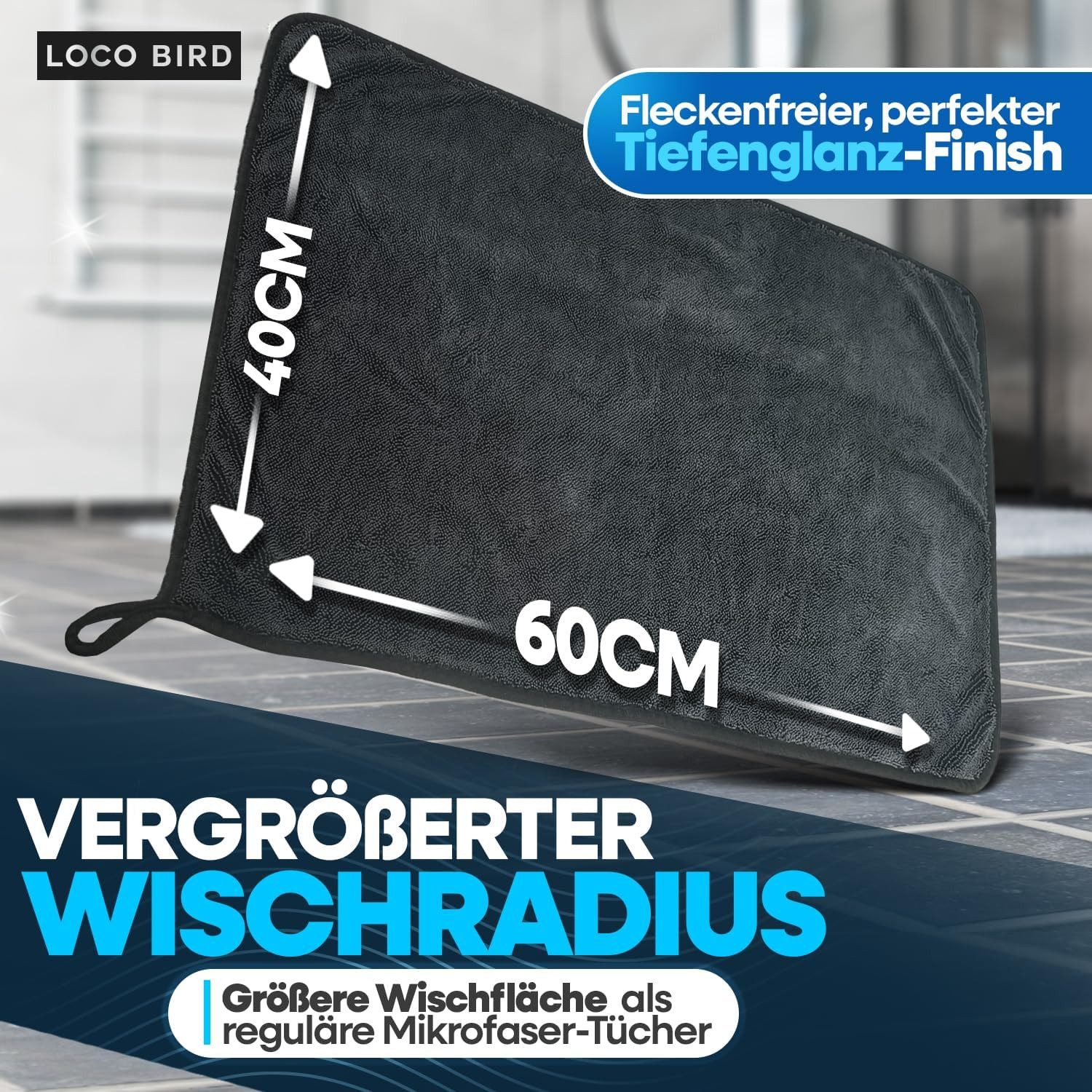 Loco Bird Trockentuch Dusche 600GSM, Fast Dry Microfaser Putztuch für Badezimmer Mikrofasertuch (40x60 cm, 1-tlg., Microfasertuch in grau - Auto Trockentücher xxl - simply shiny Bath, Streifenfrei, Fusselfreie Reinigung und Politur)