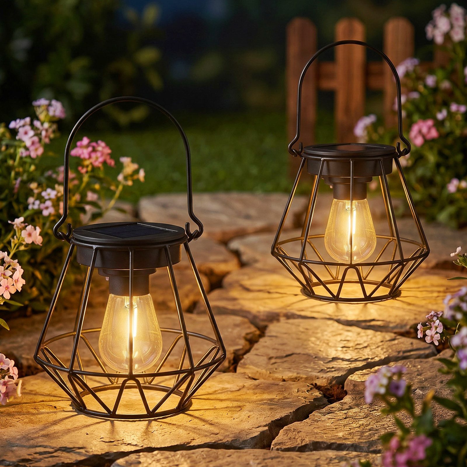 Kimjo LED Solarleuchte Hängende IP65 Solar-Außenlaternen für Balkon Terrasse, LED Glühbirne, Warmweiß, Solarbetrieben, IP65 wetterfest, hängend & stehend nutzbar