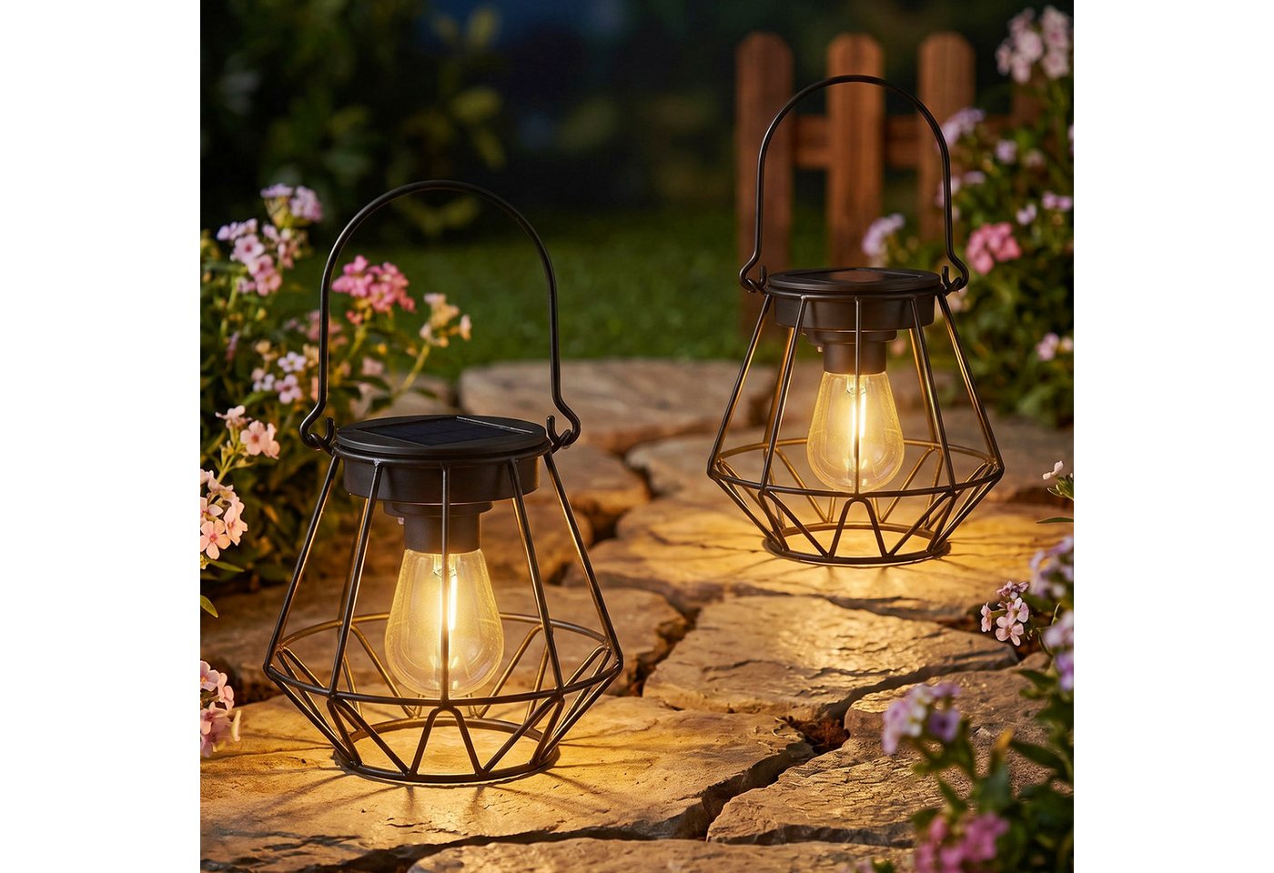 Kimjo LED Solarleuchte Hängende IP65 Solar-Außenlaternen für Balkon Terrasse, LED Glühbirne, Warmweiß, Solarbetrieben, IP65 wetterfest, hängend & stehend nutzbar
