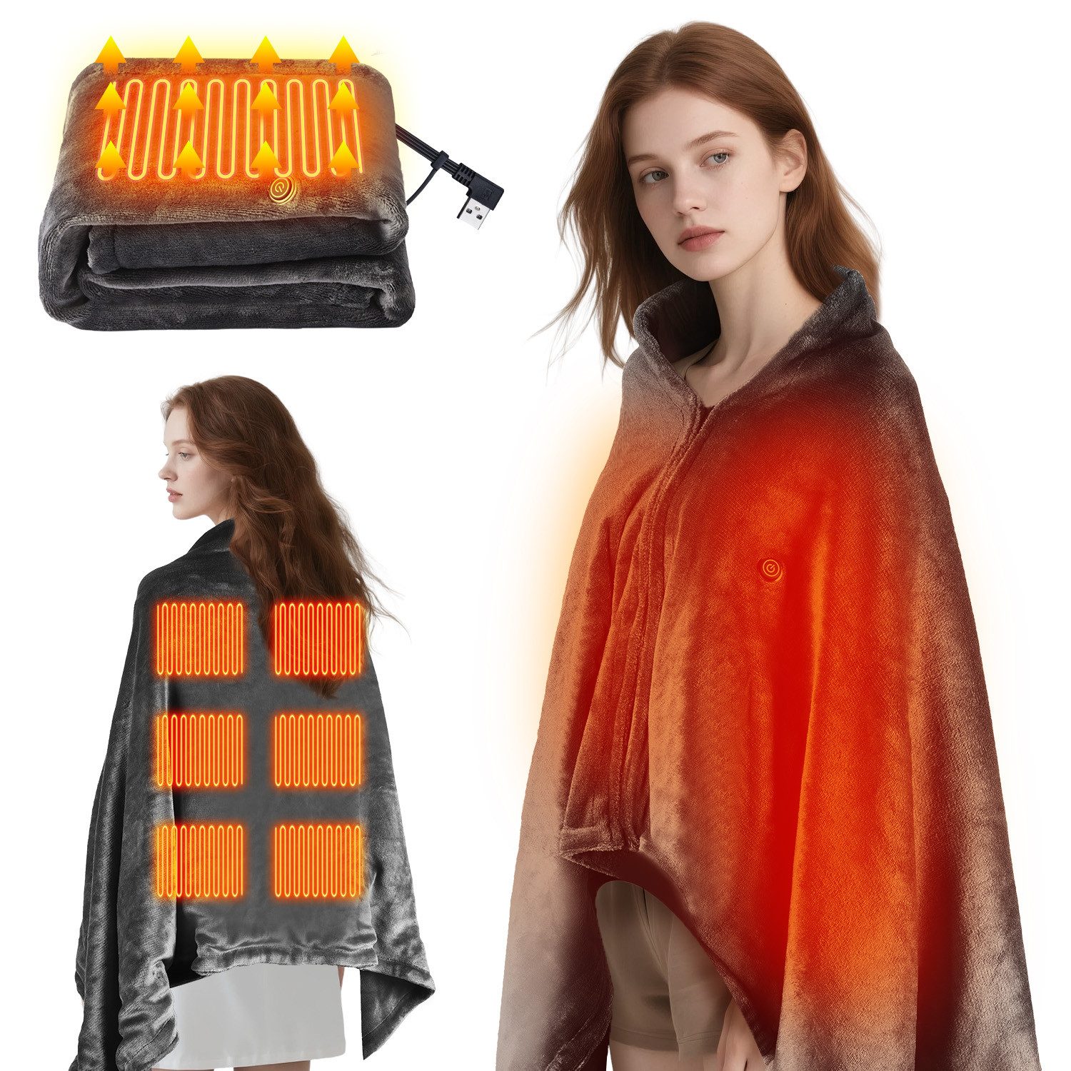 CkeyiN Heizdecke 150*80 cm beheizte Überwurfdecke USB-betrieben, Flanell, wärmend, Mit Reißverschluss 35℃-45℃, für Sofa, Büro, Auto, Camping