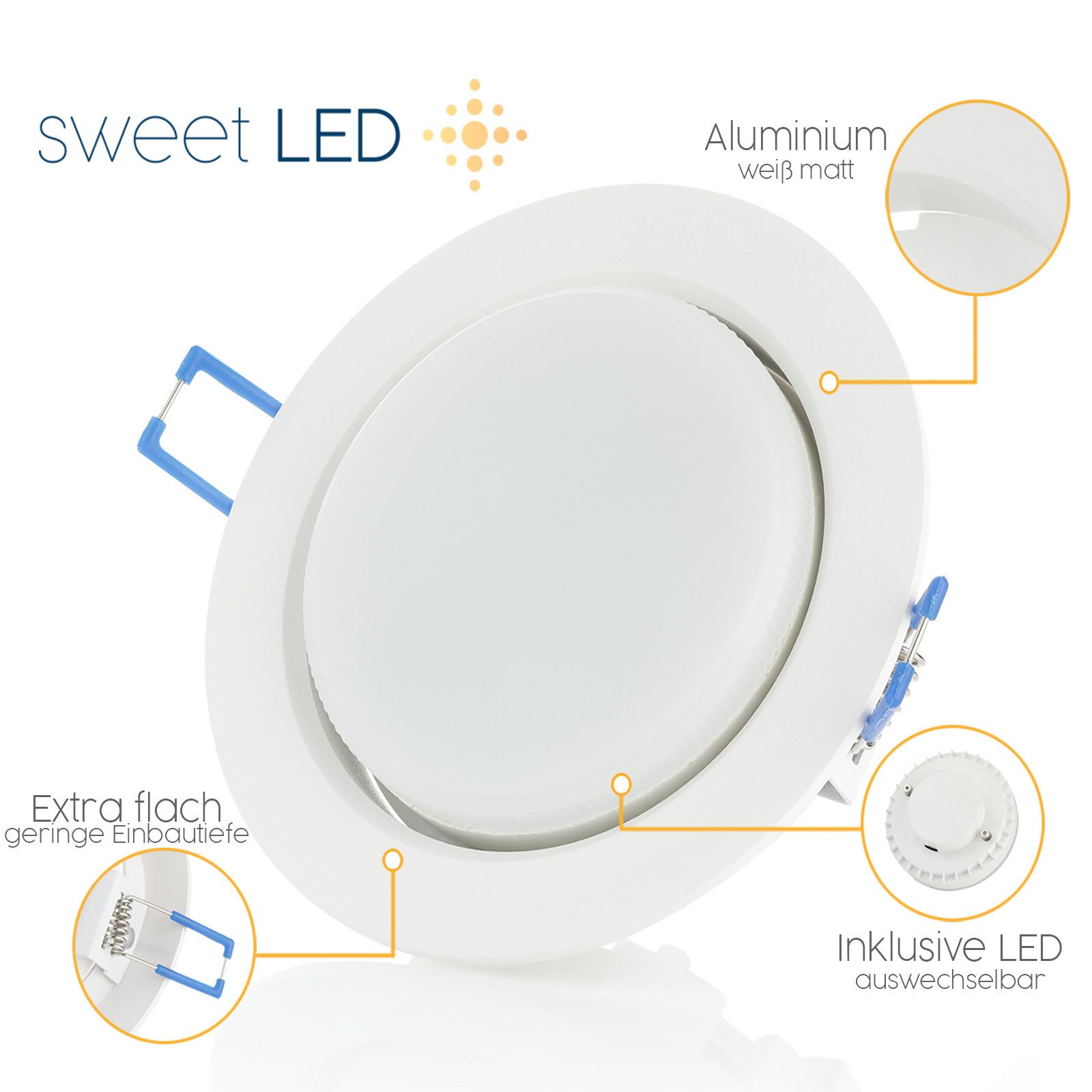 Sweet LED LED Einbaustrahler 6er Set GX53 flach Alu 8W Deckenspots weiß 230V, LED wechselbar, neutralweiß, 4000K, Deckenspots, Deckenstrahler, Einbauleuchten