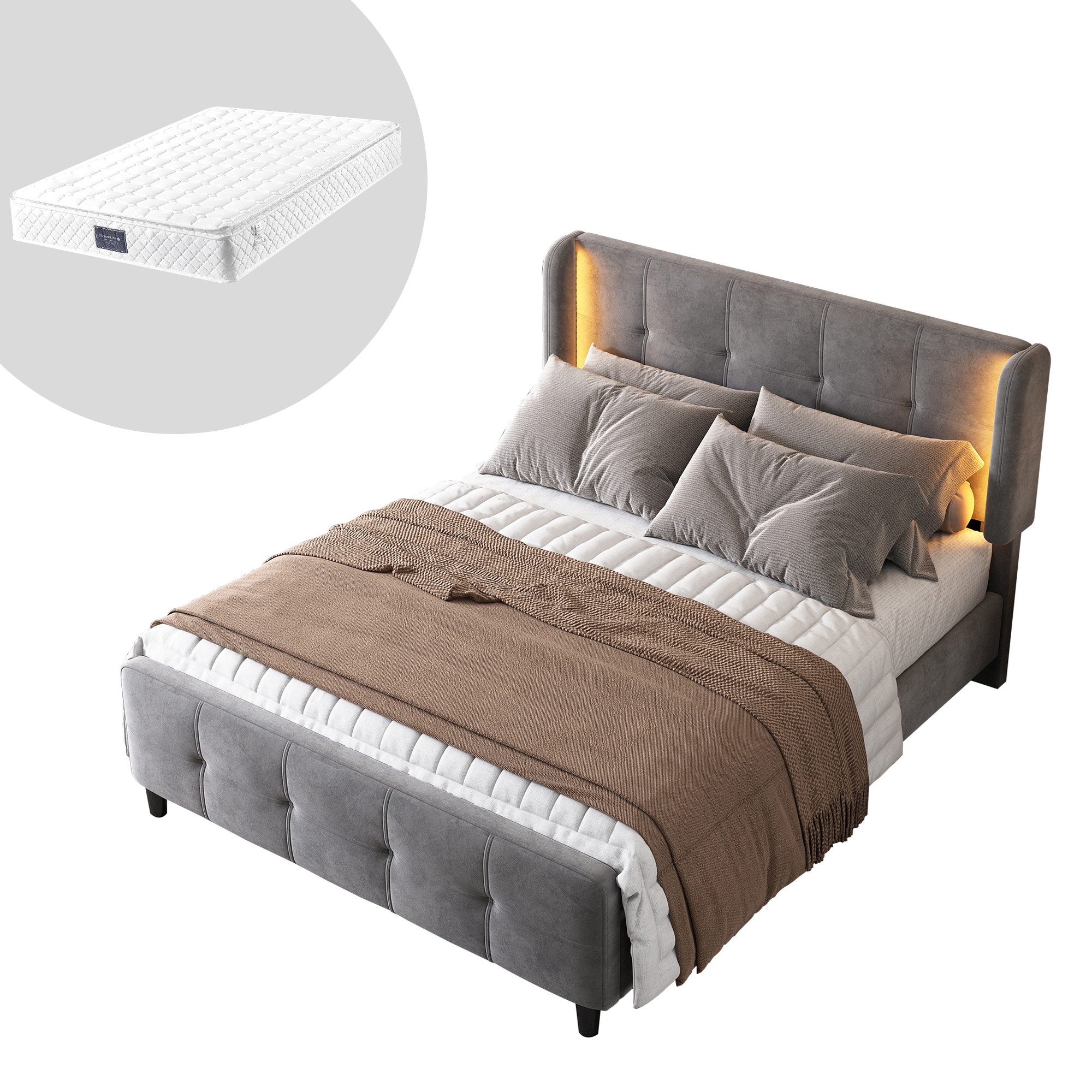 HAUSS SPOLE Polsterbett 140x200cm mit LED-Leisten, höhenverstellbares Kopft günstig online kaufen