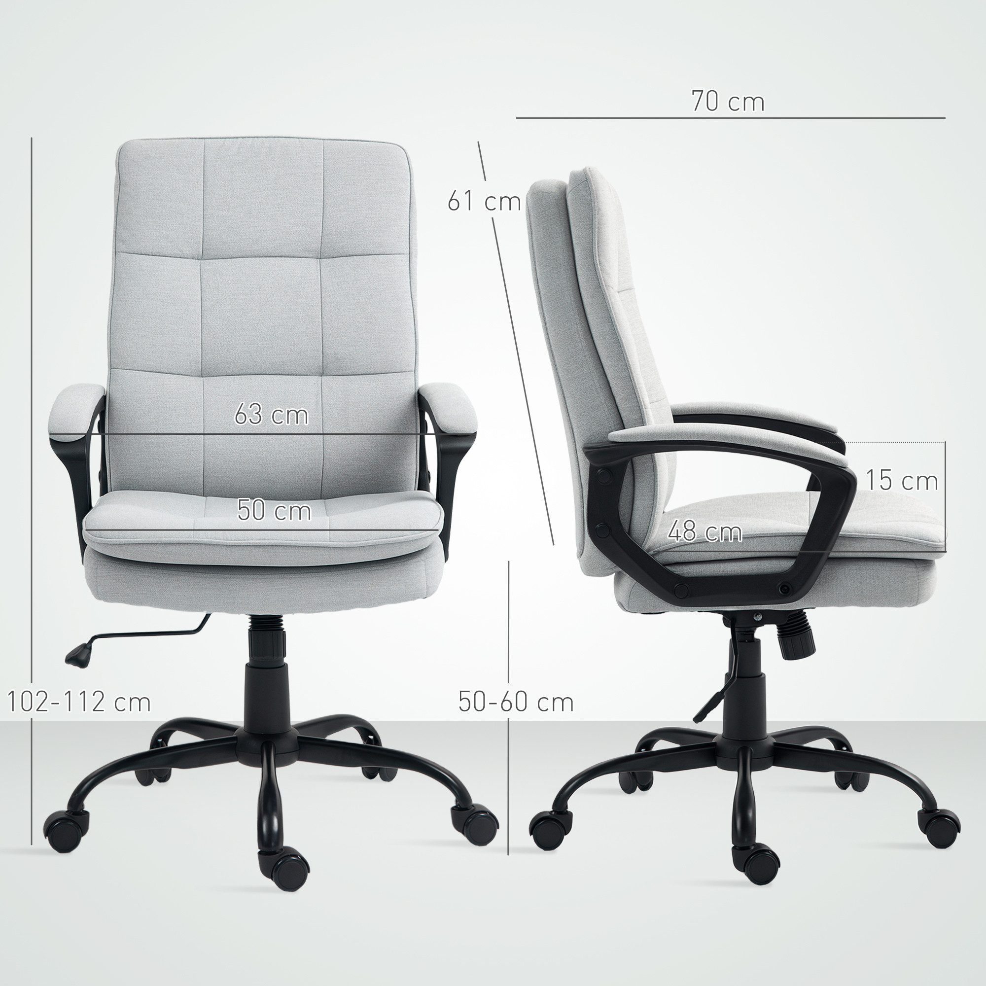 HOMCOM Bürostuhl Ergonomischer Stuhl Drehstuhl höhenverstellbar getuftert (Gepolstert Computerstuhl, 1 St), mit Armlehne, Leinenoptik, Grau – Bild 3 von 5