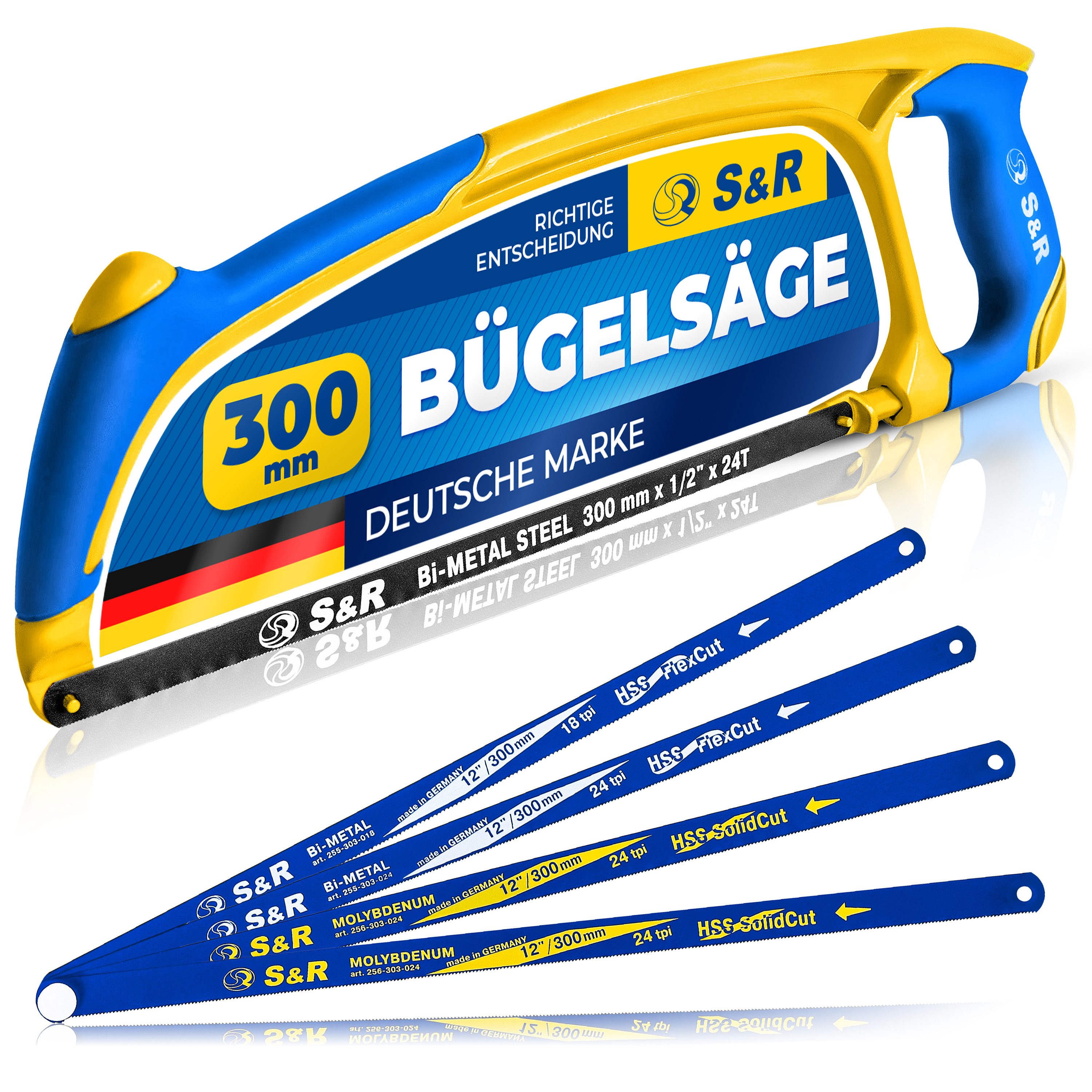 S&R Bügelsäge Metallsäge, Bügelsäge, Eisensäge, mit Bimetall Sägeblatt 300 mm, angenehmer ergonomischer Handgriff mit Soft-Touch-Oberfläche