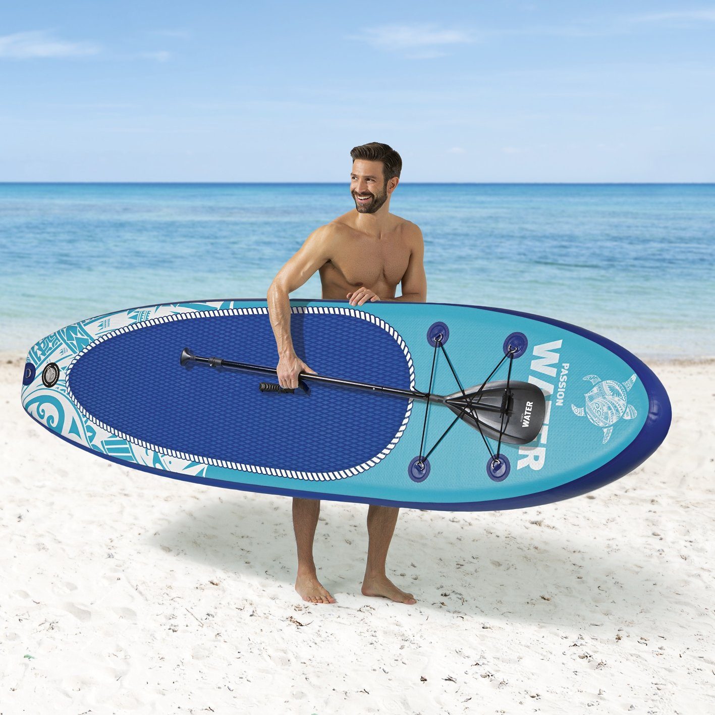 MAXXMEE Inflatable SUP-Board, 300 cm, Paddle-Board Board SUP Set 110kg, Paddle inkl. Stand-Up up Stand Paddel blau/türkis Paddling Komplett Board