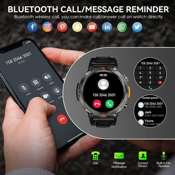 LaNikar Herren mit Telefonfunktion,3ATM Wasserdicht Militär Smartwatch (1.45 Zoll, Andriod iOS), mit LED Taschenlampe RobusteOutdoorUhren mit 24H Gesundheits-Screening