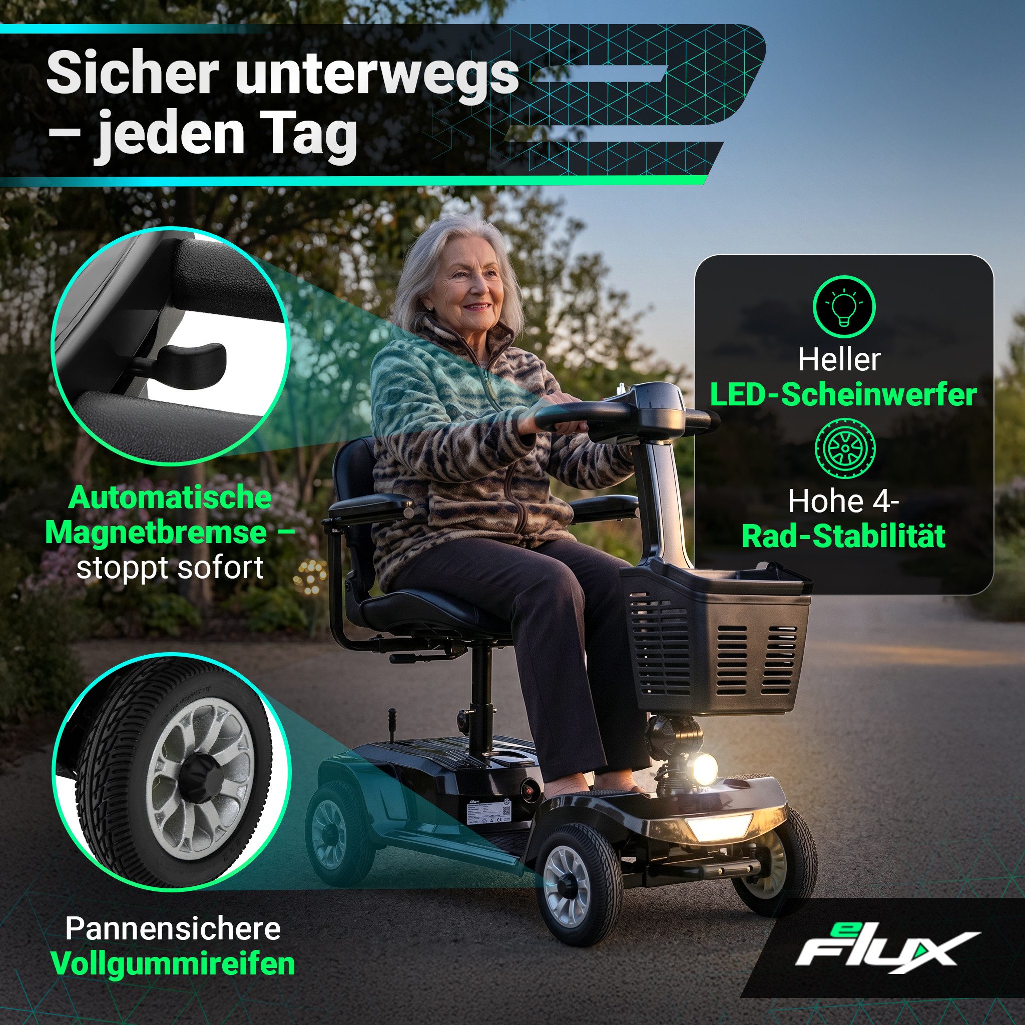 eFlux Elektromobil eFlux Mobility M1 Elektromobil Rollator, 250 W, (Senioren Elektromobil, E-Scooter Senioren, Mobilitätshilfe Senioren, Krankenfahrstuhl elektrisch, Seniorenscooter, Mobility Scooter, Elektromobil, Seniorenmobil, Elektro ScooterSenioren), Führerscheinfrei, Kein Versicherungskennzeichen, Zuladung bis 190 kg