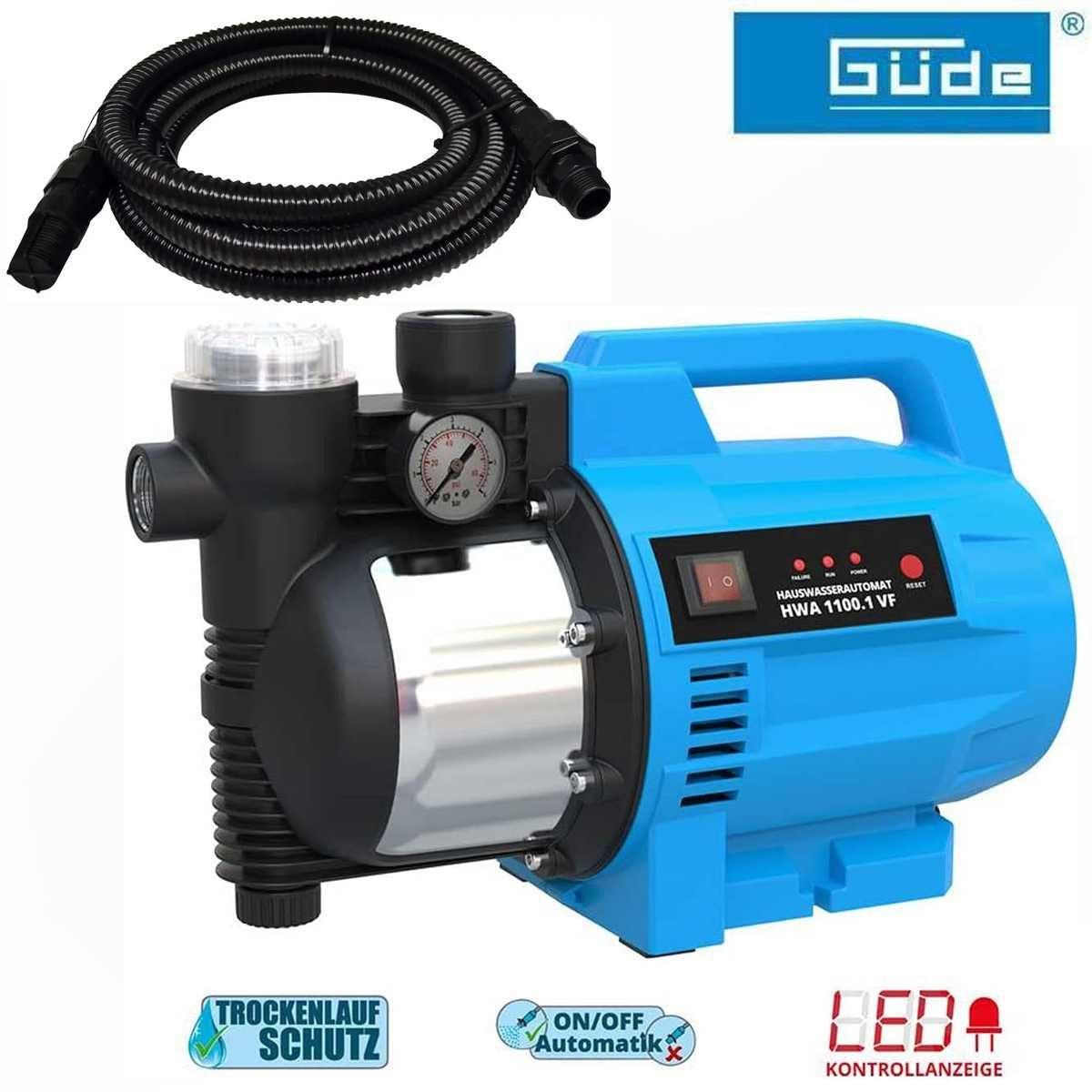 Güde Akku-Gartenpumpe Güde Hauswasserautomat HWA 1100.1 VF Gartenpumpe inkl. Saugschlauch