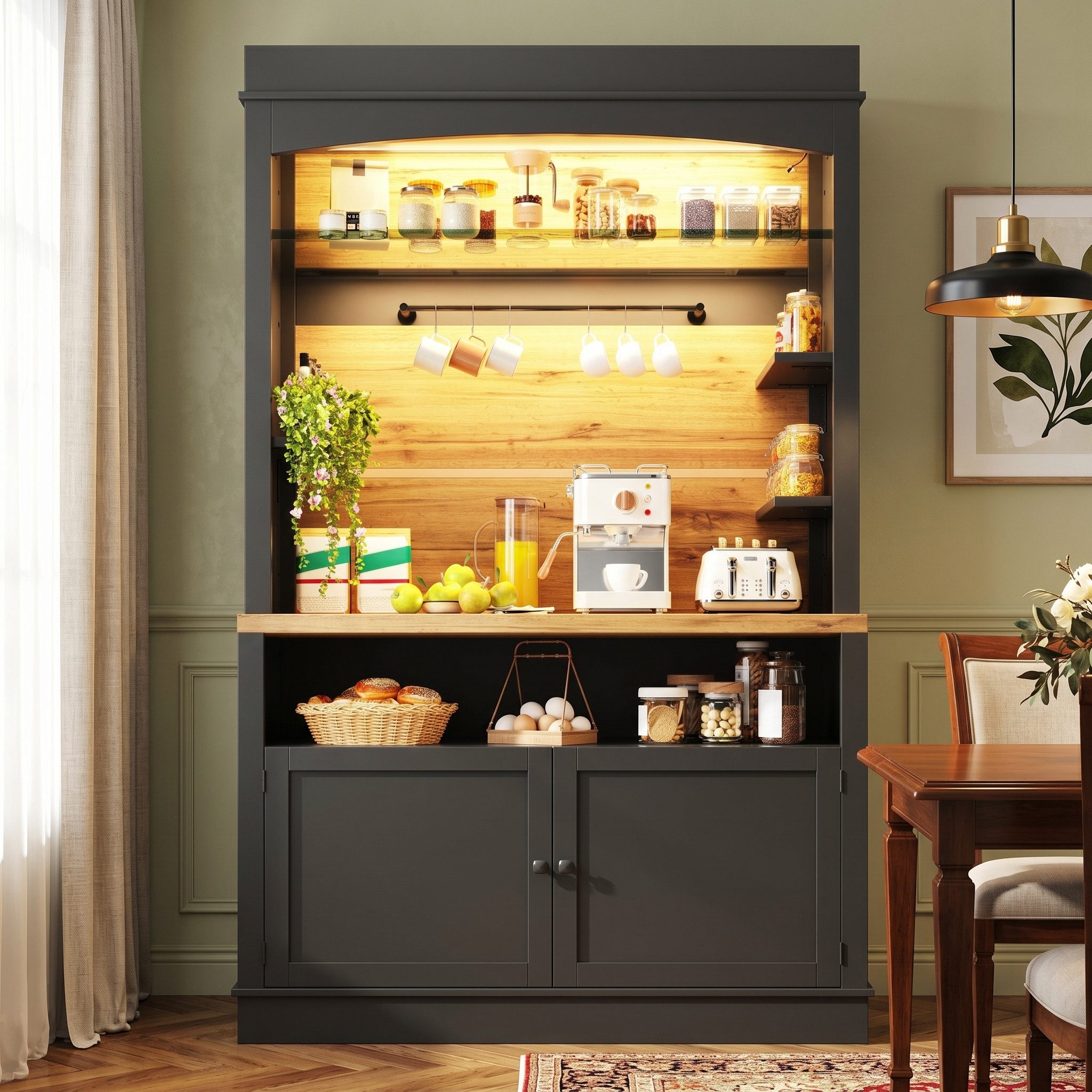 Flieks Küchenbuffet mit LED-Beleuchtung, Gläserhalter und Ablagen (1-St., 107x43x184 cm) Hochschrank Küchenschrank Buffetschrank mit Stauraum Schwarz