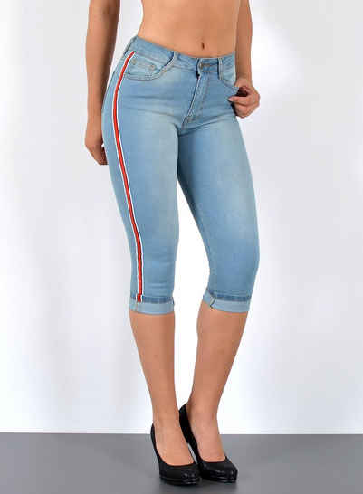 ESRA Caprijeans 3/4 Jeans Hose Capri Jeans mit Seitenstreifen High Waist Capri Jeans Damen 3/4 Hose mit Galon-Streifen bis Plus Size