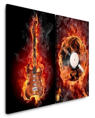 Sinus Art Leinwandbild 2 Bilder je 60x90cm E-Gitarre Flamen Feuer Heiß Heavy Metal Schallplatte