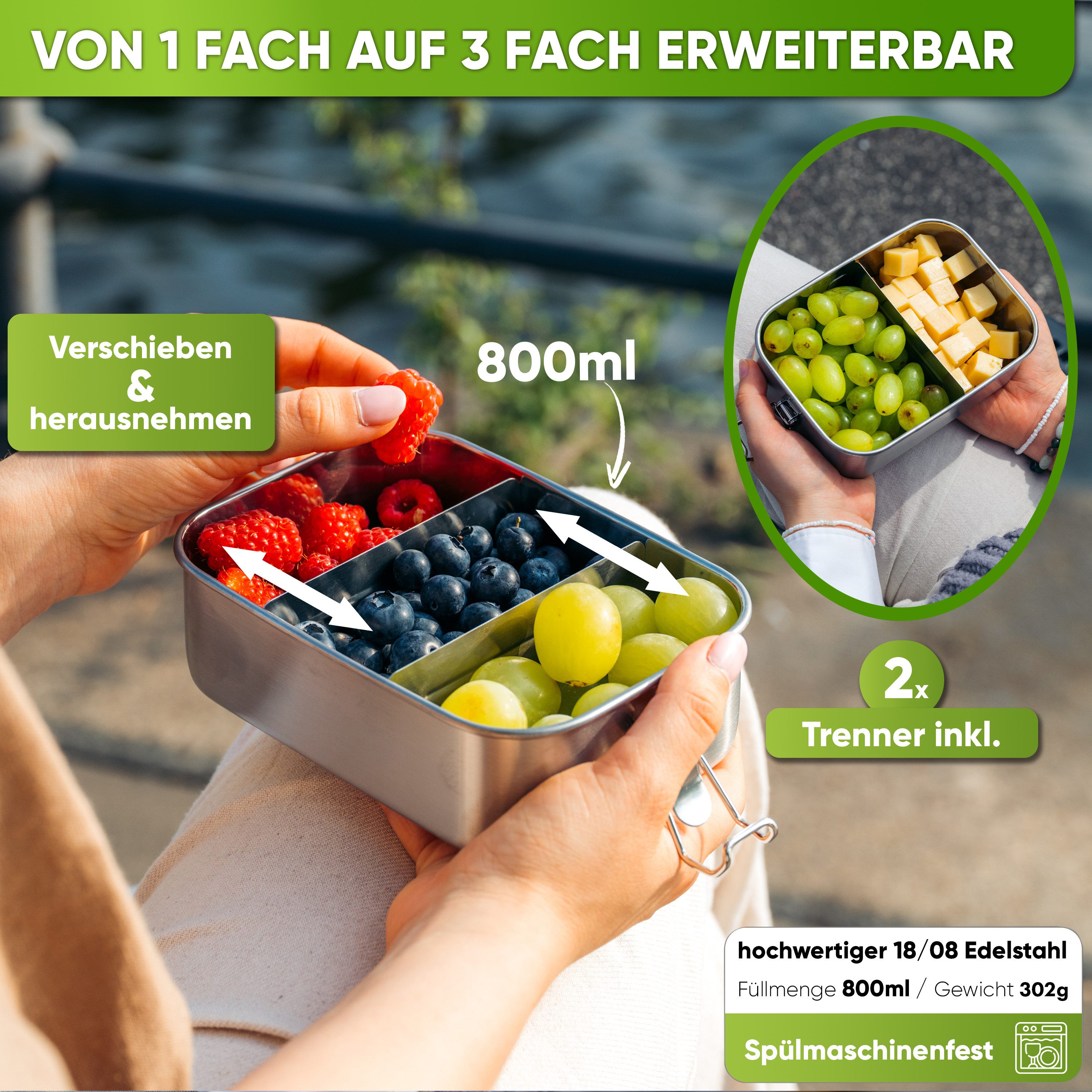 Blockhütte Lunchbox Premium Edelstahl Brotdose 800ml, Auslaufsicher, Auslaufsicher, Leicht, Gefrierschrank sicher