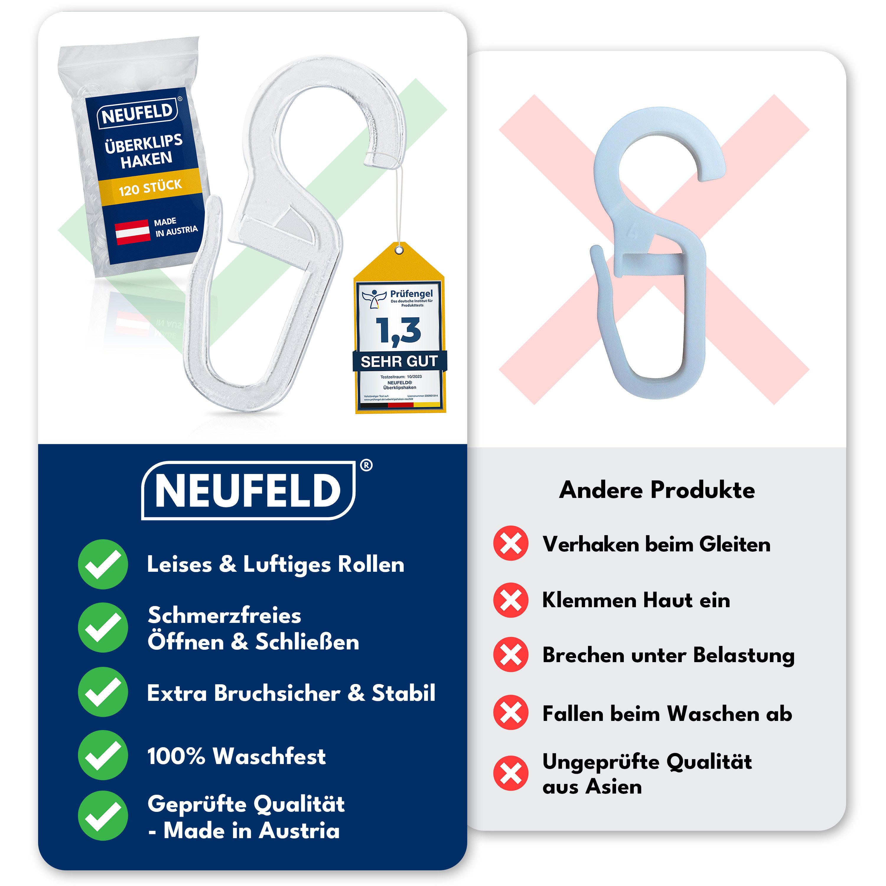 NEUFELD Gardinenhaken Überklipshaken Transparent I 120 Stück I 10mm Öse, Vorhanghaken, Gardinen, Vorhänge, Gardinenringe, (Set, 120 Überklipshaken mit 10 mm Öse), Transparent Lautlose Anwendung Waschfest Bruchsicher 10 mm Öse