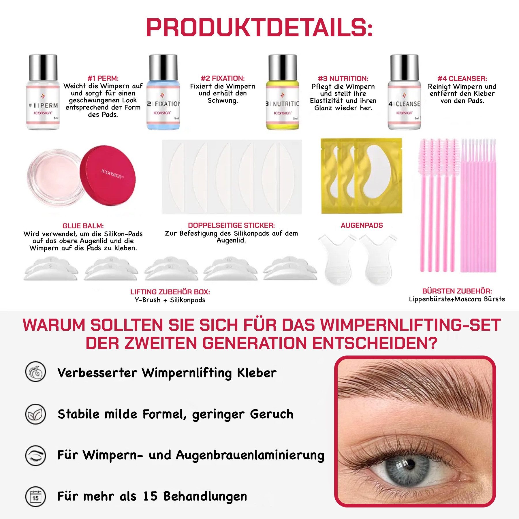 Iconsign Einzelwimpern Wimpernlifting Set der 2 Generation mit Cream Kleber, 1 tlg., Pflegt die Wimpern, Mit neue Creme-Balsam Kleber