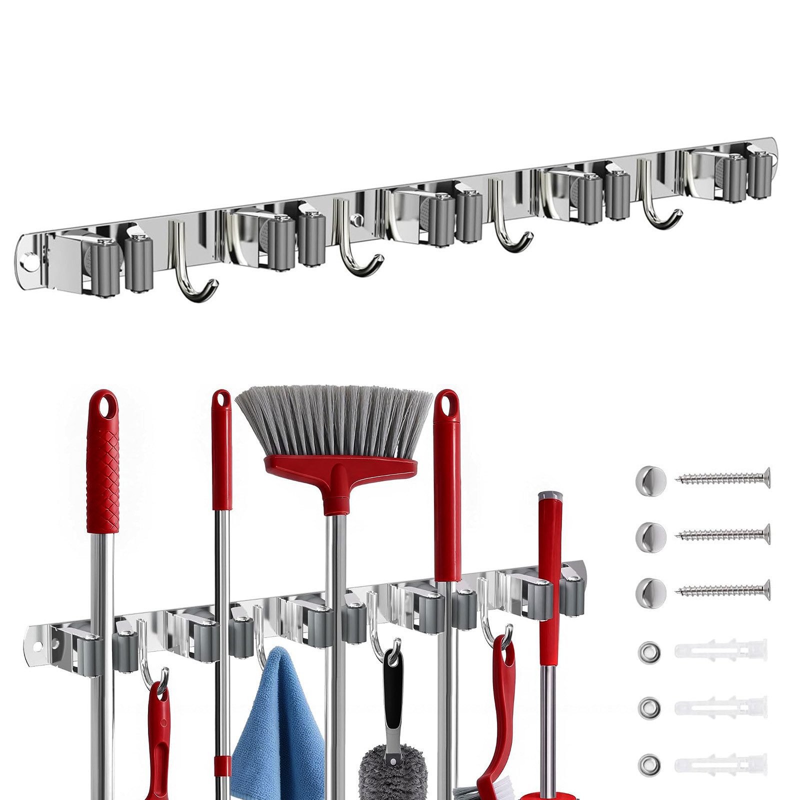 AKKEE Wandhaken Besenhalterung Wand mit 5 Regale, 4 Haken Gartengerätehalter, Besenhalter Wandmontage Edelstahl Mopp Organizer
