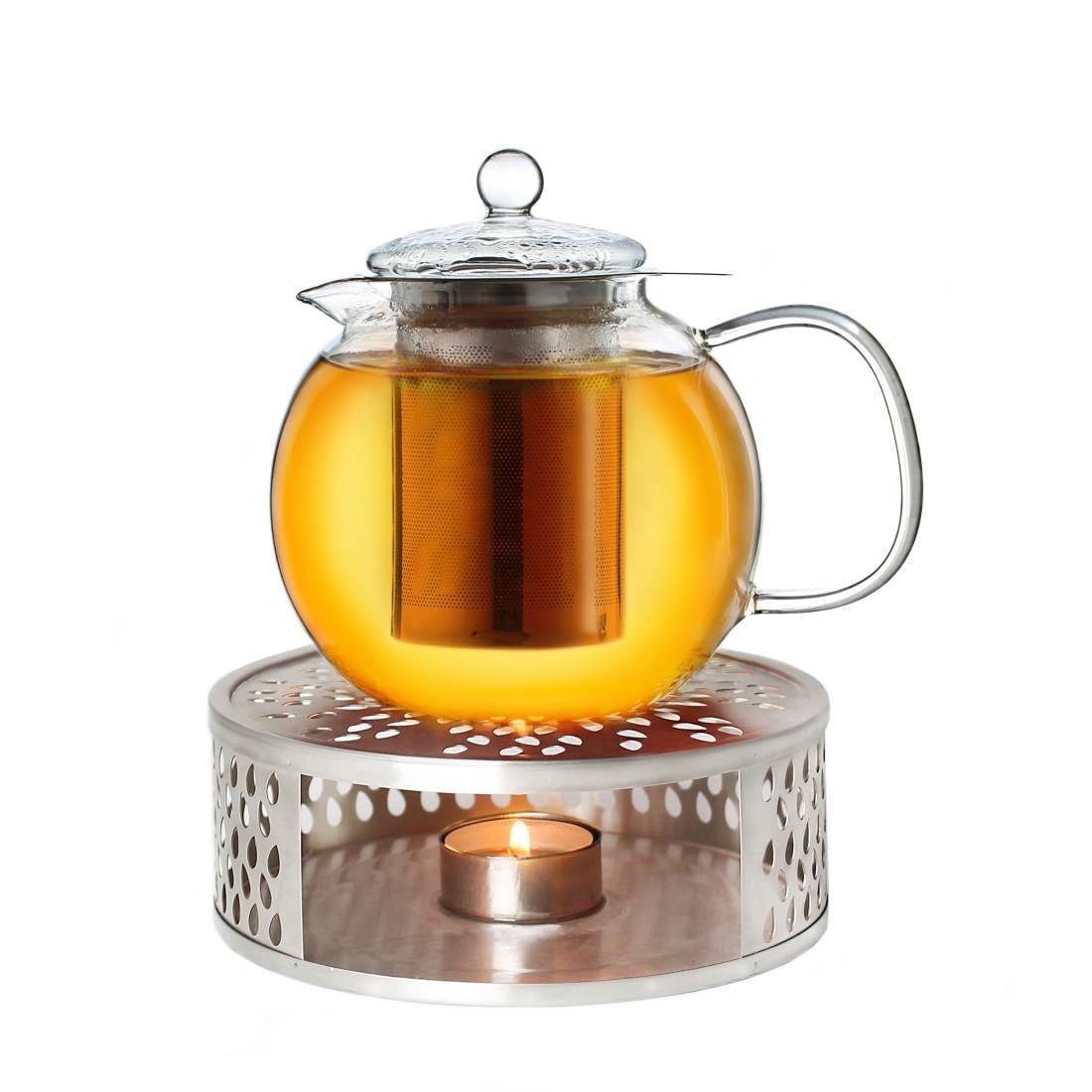 Creano Teekanne Creano Teekanne aus Glas 0,85l + ein Stövchen aus Edelstahl, 3-teilige, (Set)
