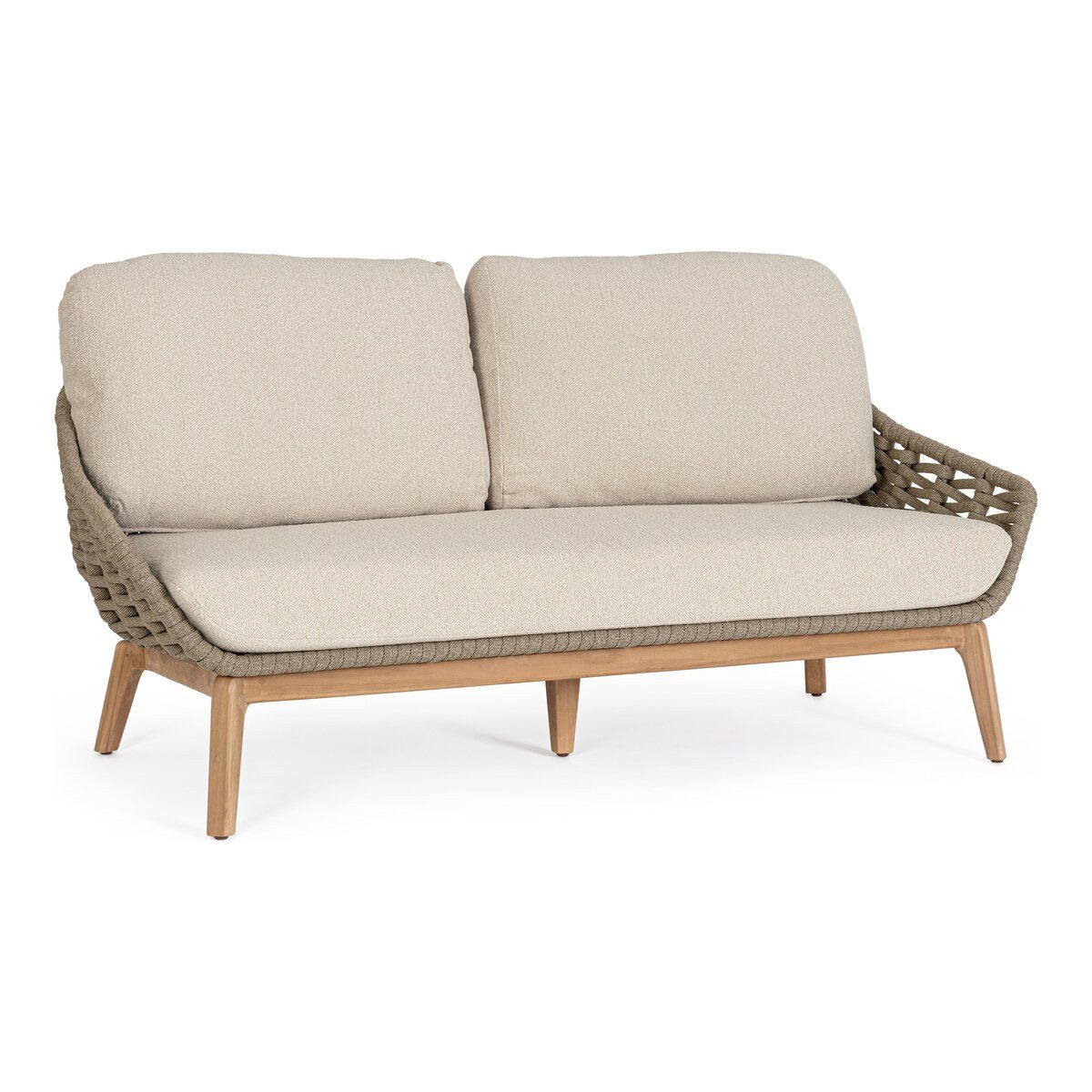 Feeling4Home Gartensofa 2-Sitzer Tamires - Teakholz Natur, Seilgeflecht Taupe, inkl. Kissen, Teakholz, SVLK-zertifiziert aus nachhaltigen Wäldern